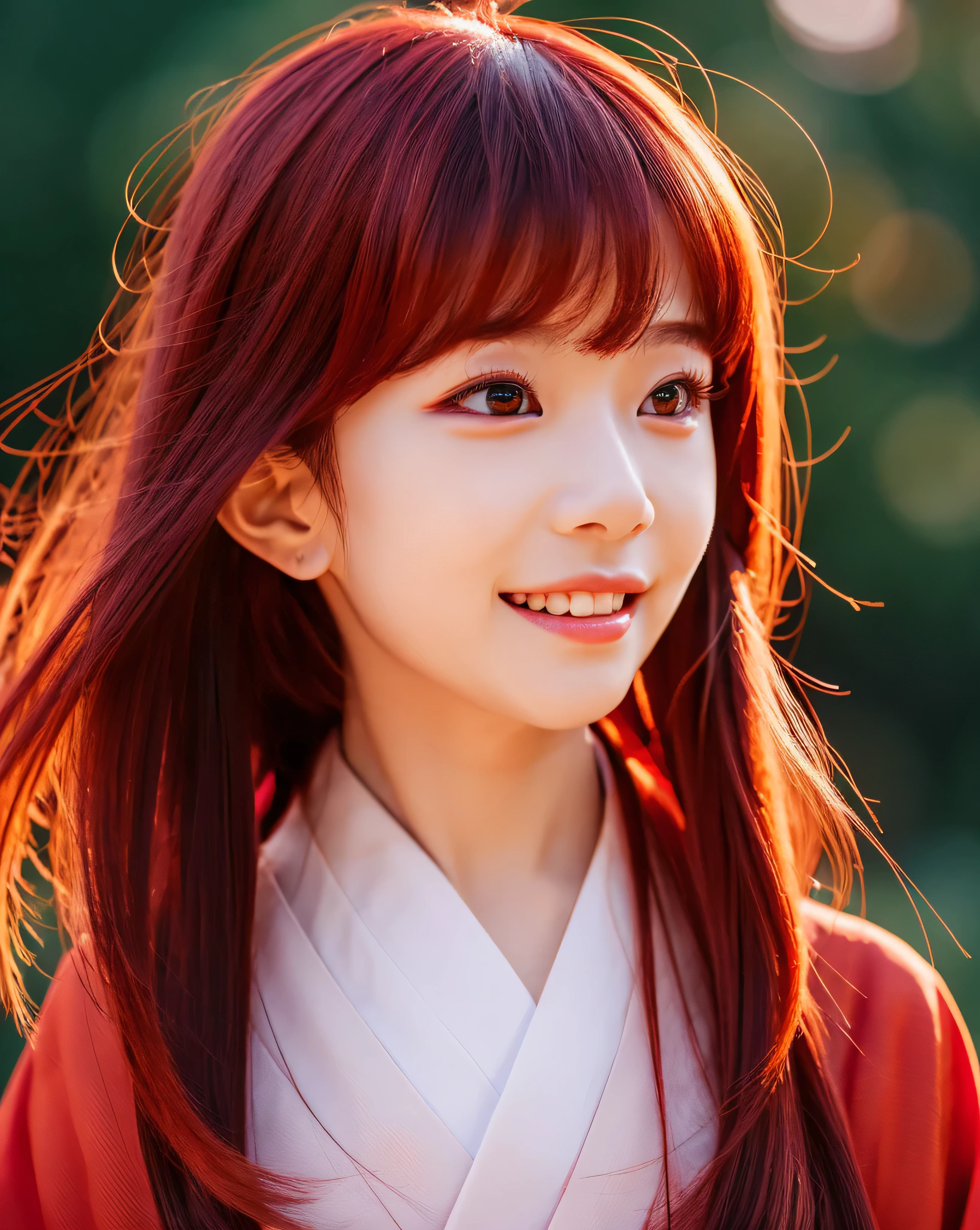beautiful japanese woman (devil girl:1.5) complex colored red hair platinum red thin hair small devil horns on forehead Detailed complex hair natural makeup Super Long Straight Silk Hair asymmetrical bangs big magic eyes moist red eyes
gentle smile simple red kimono full moon night pointed double teeth smooth white skin professional lighting