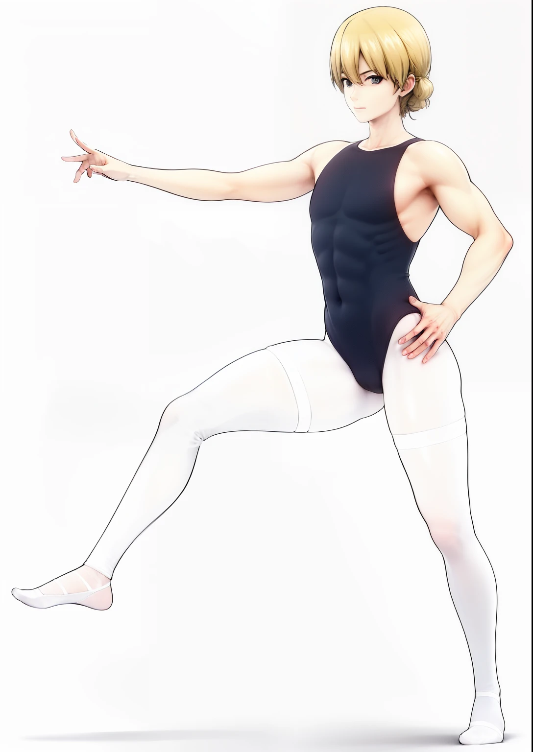 Drawing of a man in a black leotard, Painting of a man in white tights, picture of a man wearing white pantyhose, ballet style pose, nervous pose, pointe pose, full body profile pose, solo, Ballet Poses, tip pose, blond haired man, blue eyed man, エレガントなstanding pose, wearing a leotard, Wearing white tights, wearing white pantyhose, Front Pose, tip poses, standing pose,