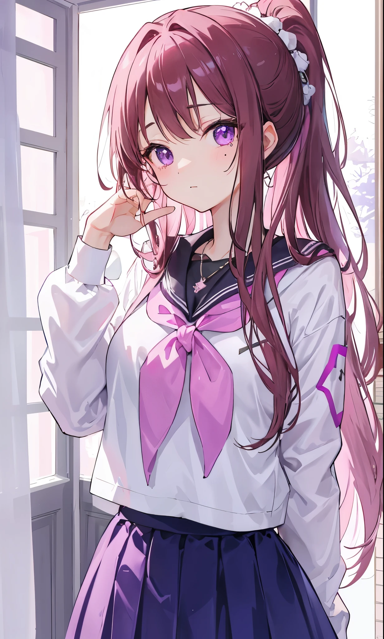 Thick pink brown hair，high ponytail，Beautiful, soulful and delicate deep purple eyes，Sweet and soft girl，特别软萌cute，There are beauty moles，Wearing a white JK school uniform，blue leather jacket，teenage girl feeling，The body is fluorescent，十分Amazing，Beautiful and beautiful，Very nice face、figure，purple crystal necklace，Particularly clear、Amazing、pure、Sunlight、cute