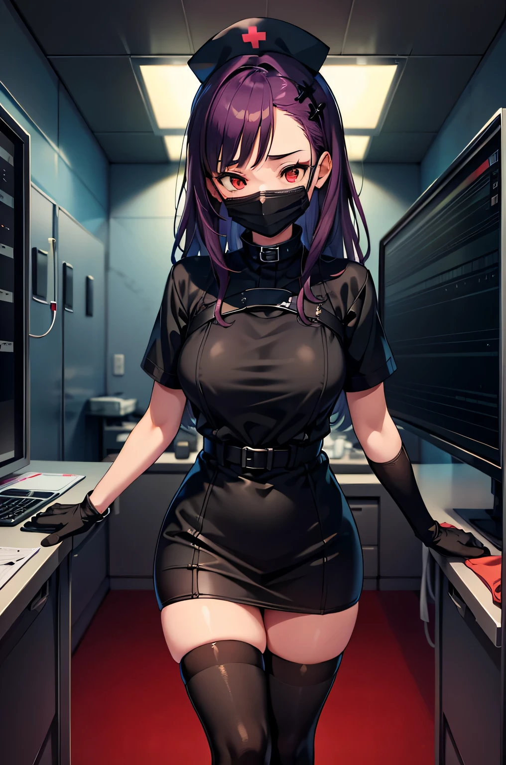 black nurse, 1 female, black nurse cap, Black Wear, ((black legwear, zettai ryouiki)), black elbow gloves, long hair, purple hair, red eyes, ((Black surgical mask, Covered nose)), Are standing, ((operating room)), sharp outline, short sleeve, mature woman, 35 years old, highest quality, masterpiece