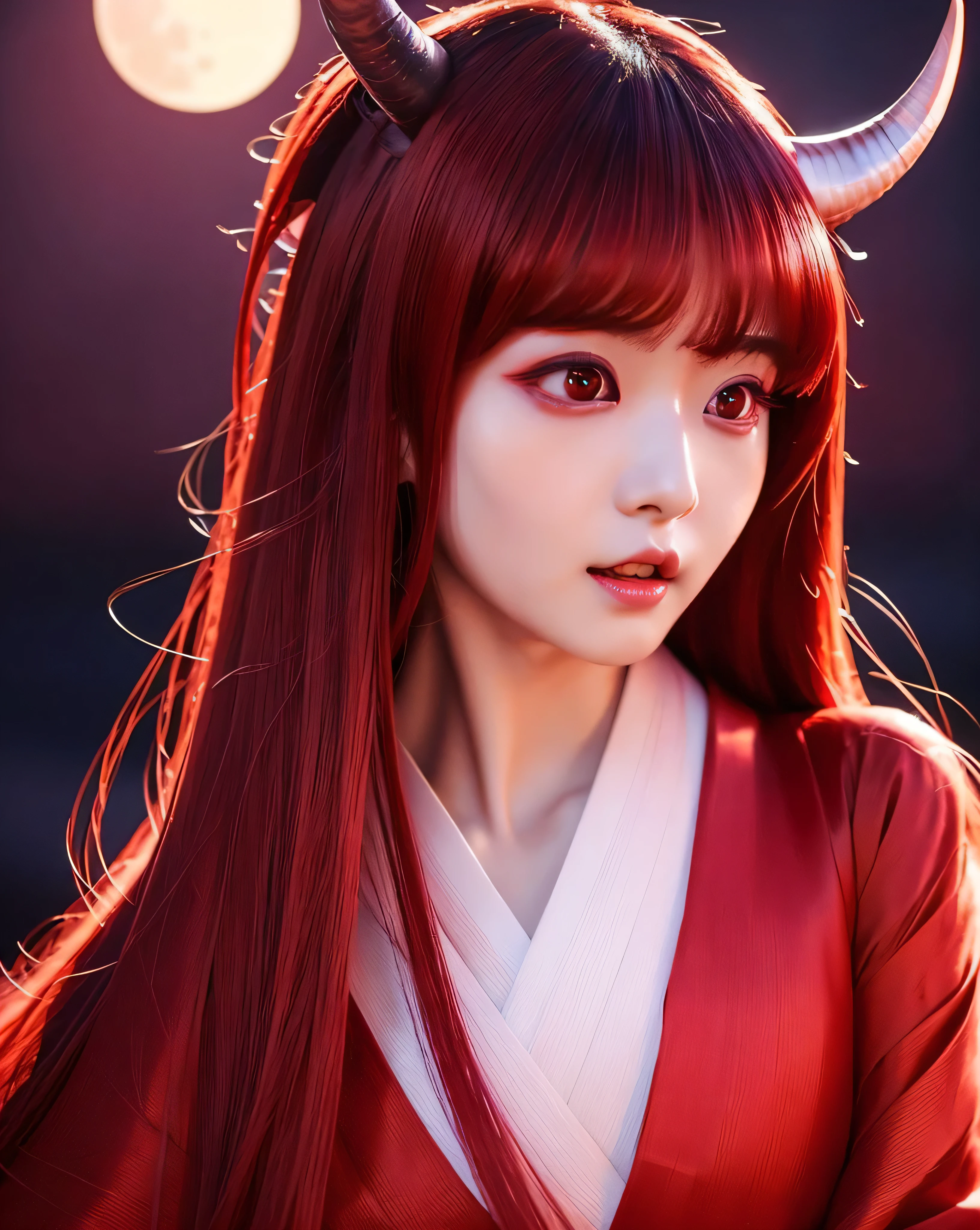 beautiful japanese woman (devil girl:1.5) complex colored red hair platinum red thin hair small devil horns on forehead Detailed complex hair natural makeup Super Long Straight Silk Hair asymmetrical bangs big magic eyes moist red eyes gentle smile simple red kimono full moon night pointed double teeth smooth white skin professional lighting
