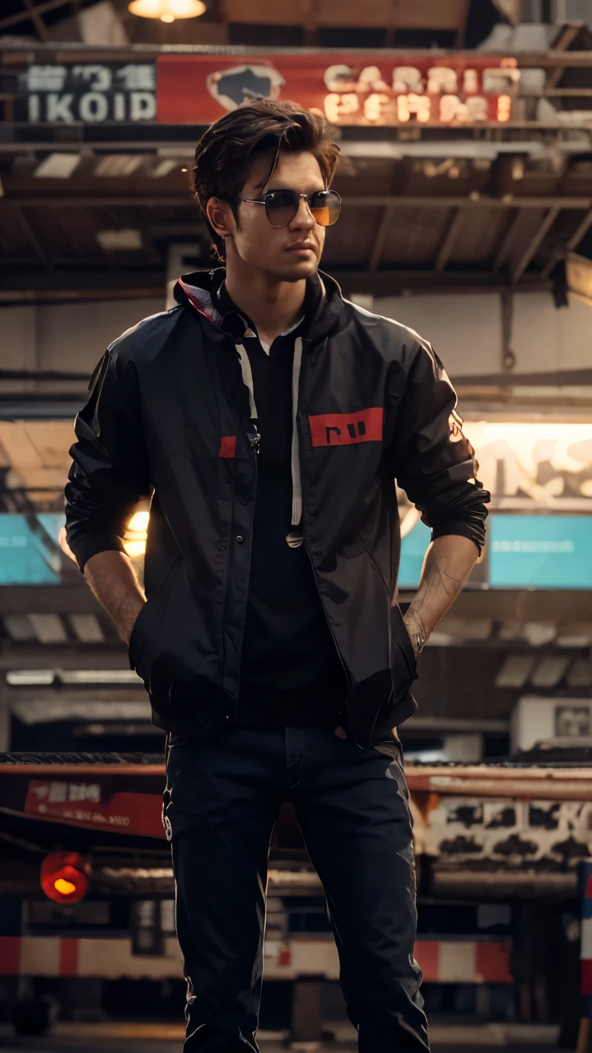 1man, a 25-year-old muscular man, black t-shirt with orange jacket, bodice, soft lighting, masterpiece, best quality, 8k ultra HD, DSLR camera, film grain, Midjourney and greg rutkowski's Fujifilm XT3 realistic painting art, slim round glasses