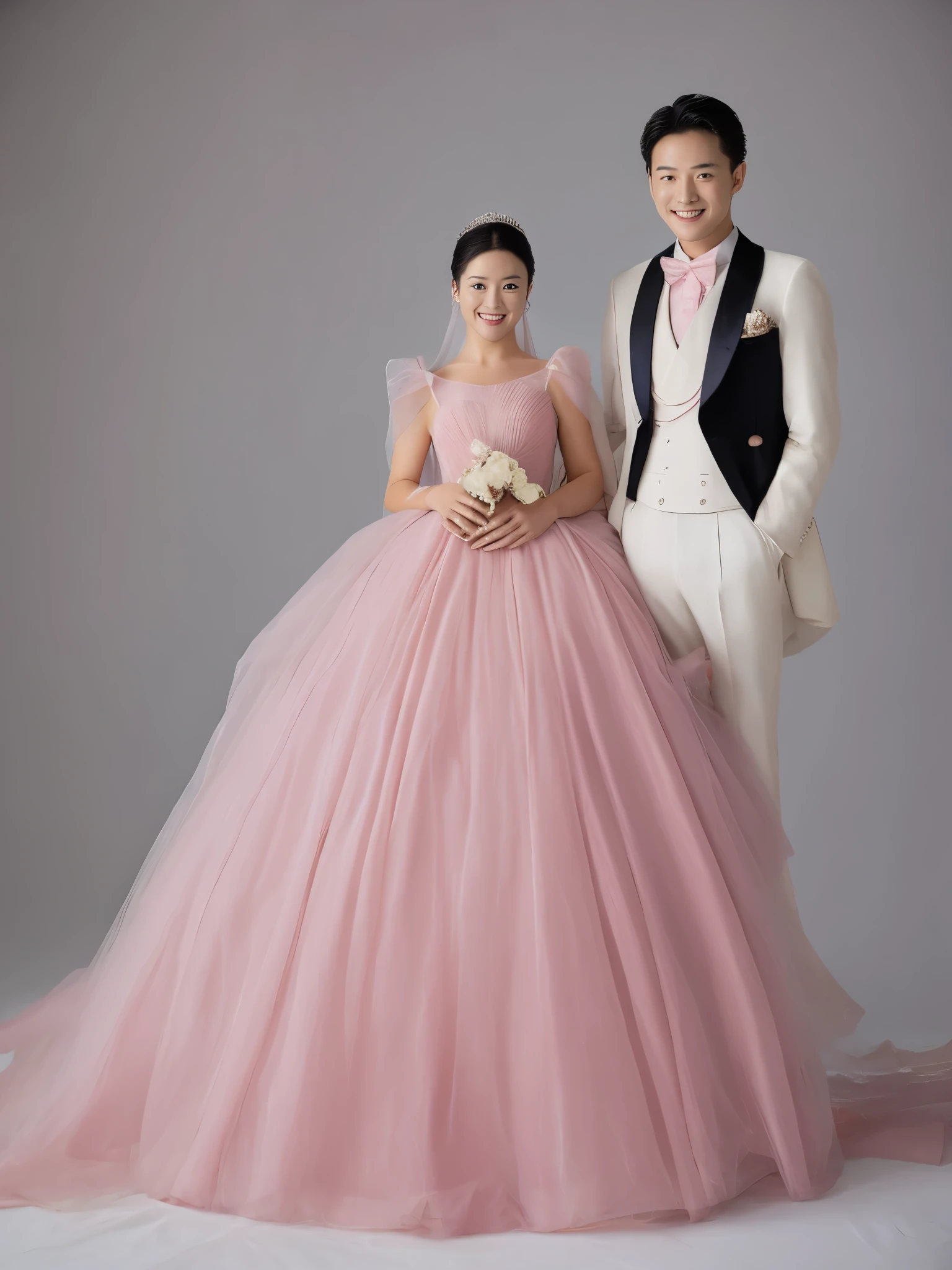 wedding couple, bridal gown, groom suit, pink, white, elegant, romantic, soft lighting, flowing veil, couple posing, formal wear, light backdrop, studio photography, Asian ethnicity, man, woman, smiling, standing, joy, love, celebration, young adults, fashion, translucent fabric, styled hair, boutonniere, masterpiece,best quality,ultra-detailed,