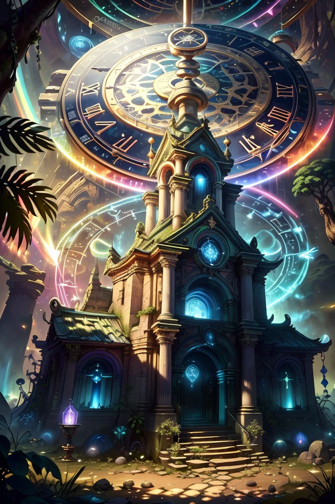 (best quality,8k,ultra-detailed,high-res,masterpiece:1.2),complex details,wallpaper,chronomancy AI,(rainbow-colored large portal to another dimension), ((gateway)), (hidden depths of the jungle:1.2),forgotten ancient temple,altar,staircase