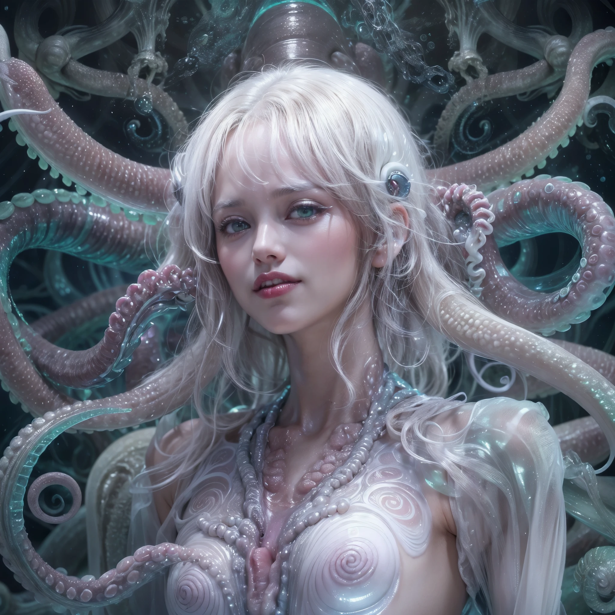 (A portrait of one beautiful and obscene female alien who is a young teenager:1.4), ((There is a female genital-like organ in the middle of her forehead:1.8)), (realistic face:1.2), (Numerous award-winning masterpieces, with incredible detail, textures and maximum detail), artistic photography, midnight aura, unreal engine 5, Ultra Sharp Focus, art by Amano Yoshitaka, ArtGerm, Roisch, intricate artwork, ultra realistic realism, high resolution, High freshness, drawing faithfully, official art, Unity 8K Wall paper, ultra detailed artistic photography, dream-like, Creation of fantasy, dream Snail, (biopunk nautilus:1.3),Thrilling color schemes, seductively smiling, Amazing mutation, well-proportioned body, goddess of the deep sea, fractal, Geometric pattern, impossible figures, (translucent white tentacles with luminescent organs:1.4), subtle emerald green accents, (smiling seductively:1.3),(She has the most beautiful face in the history of the universe:1.5), Penelope Cruz, (she is looking down at viewers with glowing iridescent eyes with no pupils:1.3), an evil gaze that seduces, cinematic lighting, (Vampire-like long canine teeth can be glimpsed through the gap between the cute lips:1.3), in the hall of the palace, Sweet breath is exhaling from beautiful lips, ecstatic expression