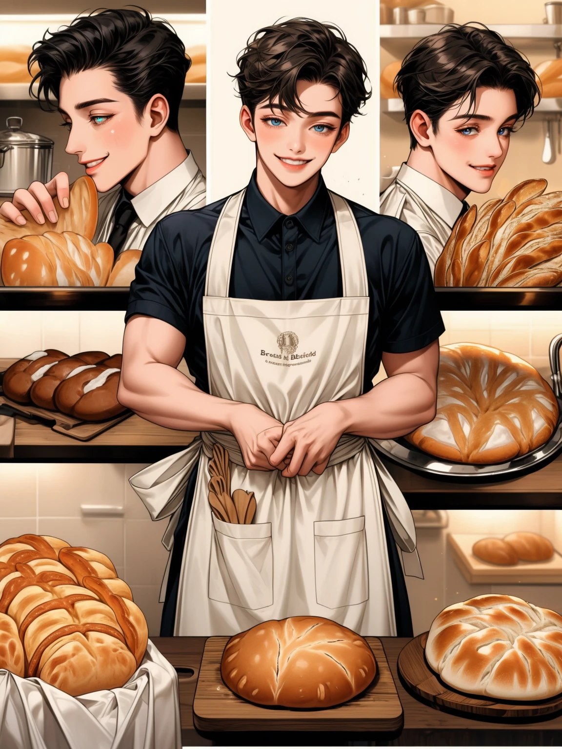 masterpiece, collage of a boy baking bread, apron, smile