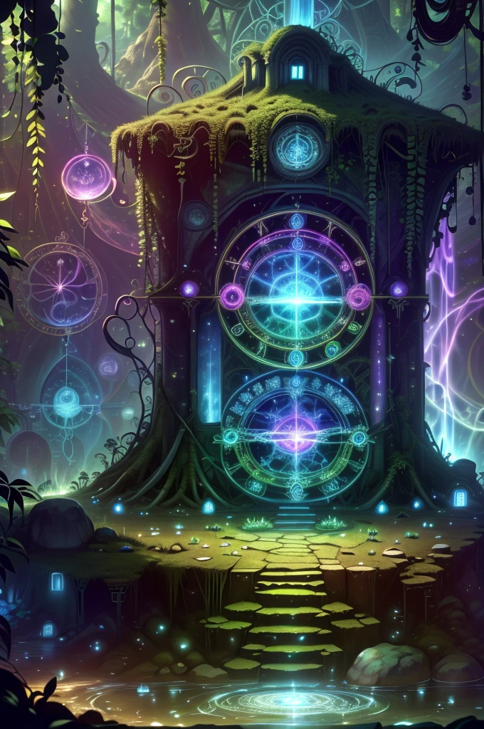 (best quality,8k,ultra-detailed,high-res,masterpiece:1.2),complex details,wallpaper,chronomancy AI,(rainbow-colored large portal to another dimension), ((gateway)), (hidden depths of the jungle:1.2),forgotten ancient temple,altar,staircase