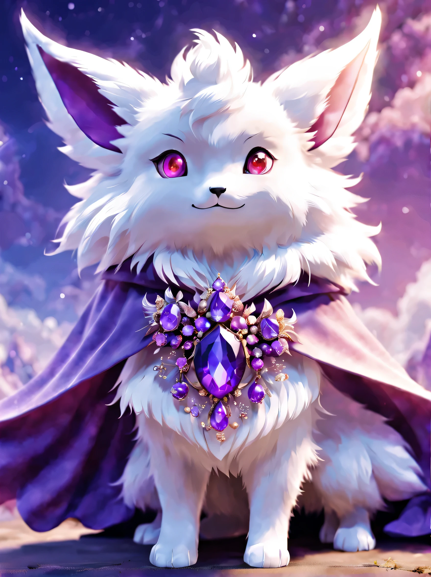 (masterpiece, highest quality:1.2), pal world nox,white,(purple short cloak),brooch:head of state:purple gem,red eyes,cute,,3D,8K,under the night sky