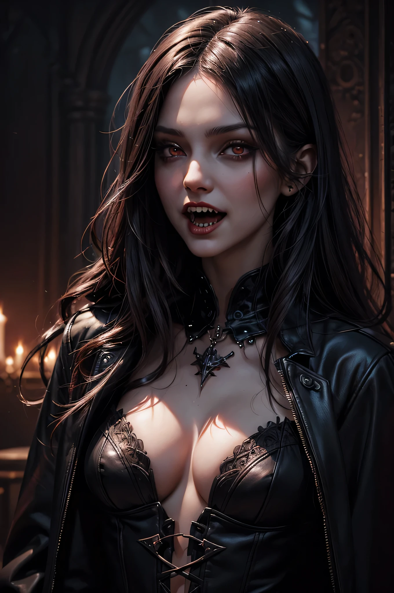 Evil gothic female vampire, half smiling, ((((half-open mouth revealing her vampire canines)))), dangerous, confident, charismatic, in a somptuous black leather coat. stand-up coat, no neckline. Royo.4 9 9 0 s, complexe, detailled eyes, looking at viewer, detailled skin, confident, perfects small breasts, highly detailed, digital painting, ArtStation, concept art, smooth, sharp focus, Illustration by Wlop, Charlie Bowater et Alexandra Fomina, red eyes, illustration, Gothic art, masterpiece, 4K, award winning