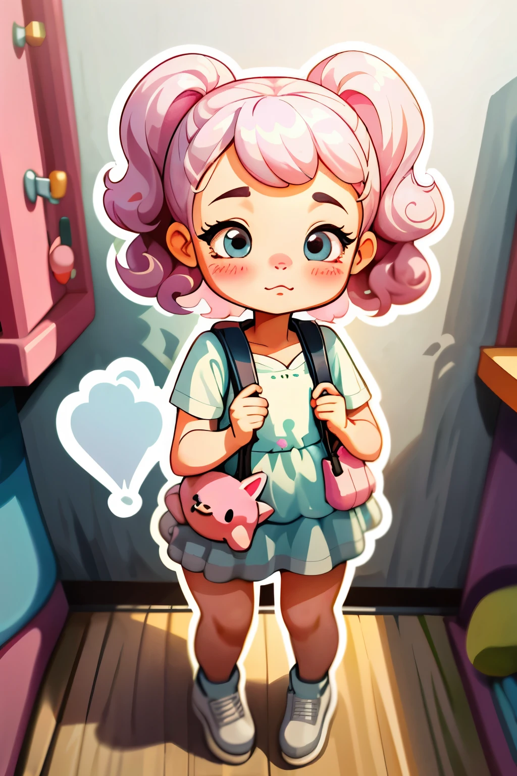 One adorable girl with curly, pastel pink pig tails, wearing a cute pastel dress, carries a sticker book as she hesitantly makes her way to the bathroom. With a blush on her cheeks and eyes downcast, she tries her best to keep her mouth shut as she stands awkwardly by the side of the street, her mini skirt brushing against her legs. Despite her embarrassment, the contours of her determined expression and the intricate details of her white background vector portrait come to life on the Deviant Art page.