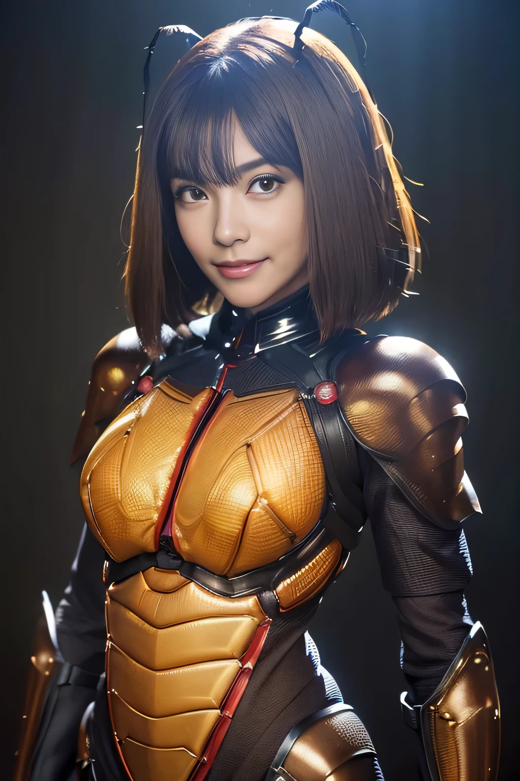 (High resolution,masterpiece,highest quality,Very detailed CG, anime, official art:1.4), realistic, photograph, amazing detail, all complicated, luster and luster,great many layers, 8k wallpaper, 3D, sketch, cute, figure,( alone:1.4), perfect female proportions,villain's daughter, (Fusion of dark brown cockroach and lady:1.4), (brown cockroach form lady:1.2), (brown cockroach woman:1.2), (Fusion:1.2), (alone:1.4), (evil smile:1.2), muscular, abs, (Cockroach brown exoskeleton bio insect suit:1.4), (Cockroach brown exoskeleton bio insect armor:1.2), (brown transparent cockroach feathers:1.4), (brown cockroach antenna:1.3),