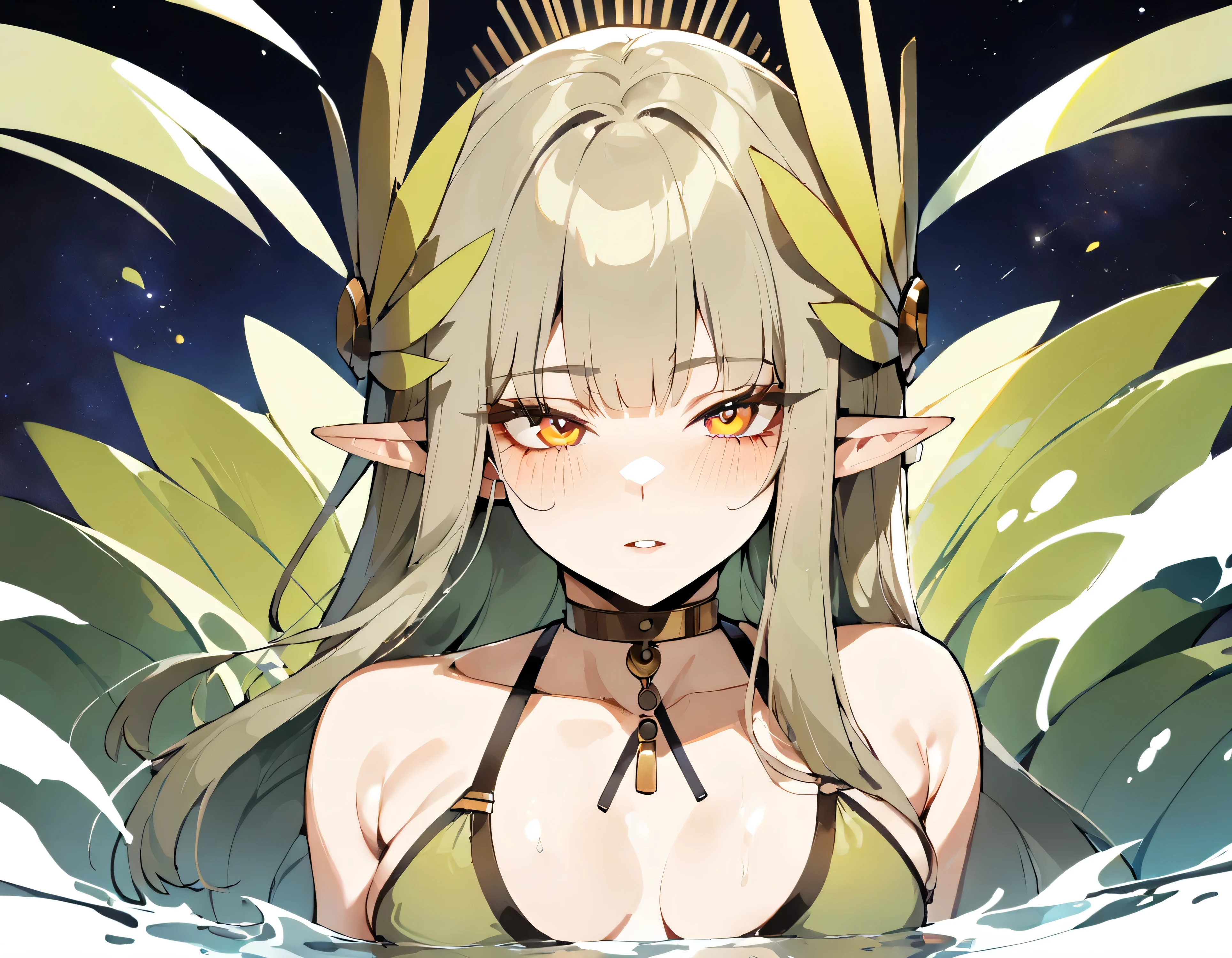 1 girl, muelsis \(polar nights\), polar nights,(masterpiece, Best quality:1.2), newest,simple background, space background. bikini, greens, water, Orange eyes,elf ears, Detailed eyes, Perfect eyes,(mature woman:1.2), Slim body, throw,from the nanny