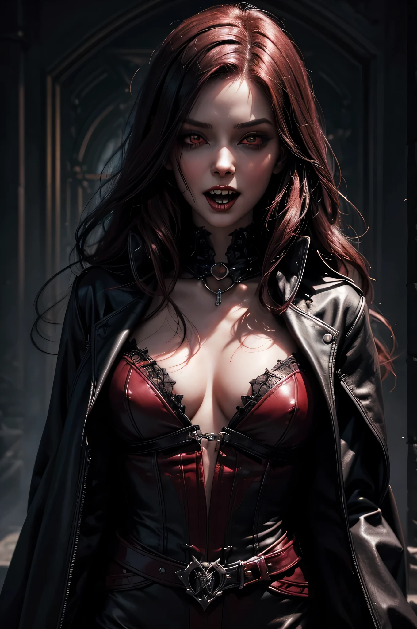  Evil gothic female vampire, half smiling, ((((half-open mouth revealing her vampire canines)))), dangerous, confident, charismatic, in a somptuous black leather coat. stand-up coat, no neckline. Royo.4 9 9 0 s, complexe, detailled eyes, looking at viewer, detailled skin, confident, perfects small breasts, highly detailed, digital painting, ArtStation, concept art, smooth, sharp focus, Illustration by Wlop, Charlie Bowater et Alexandra Fomina, red eyes, illustration, Gothic art, masterpiece, 4K, award winning