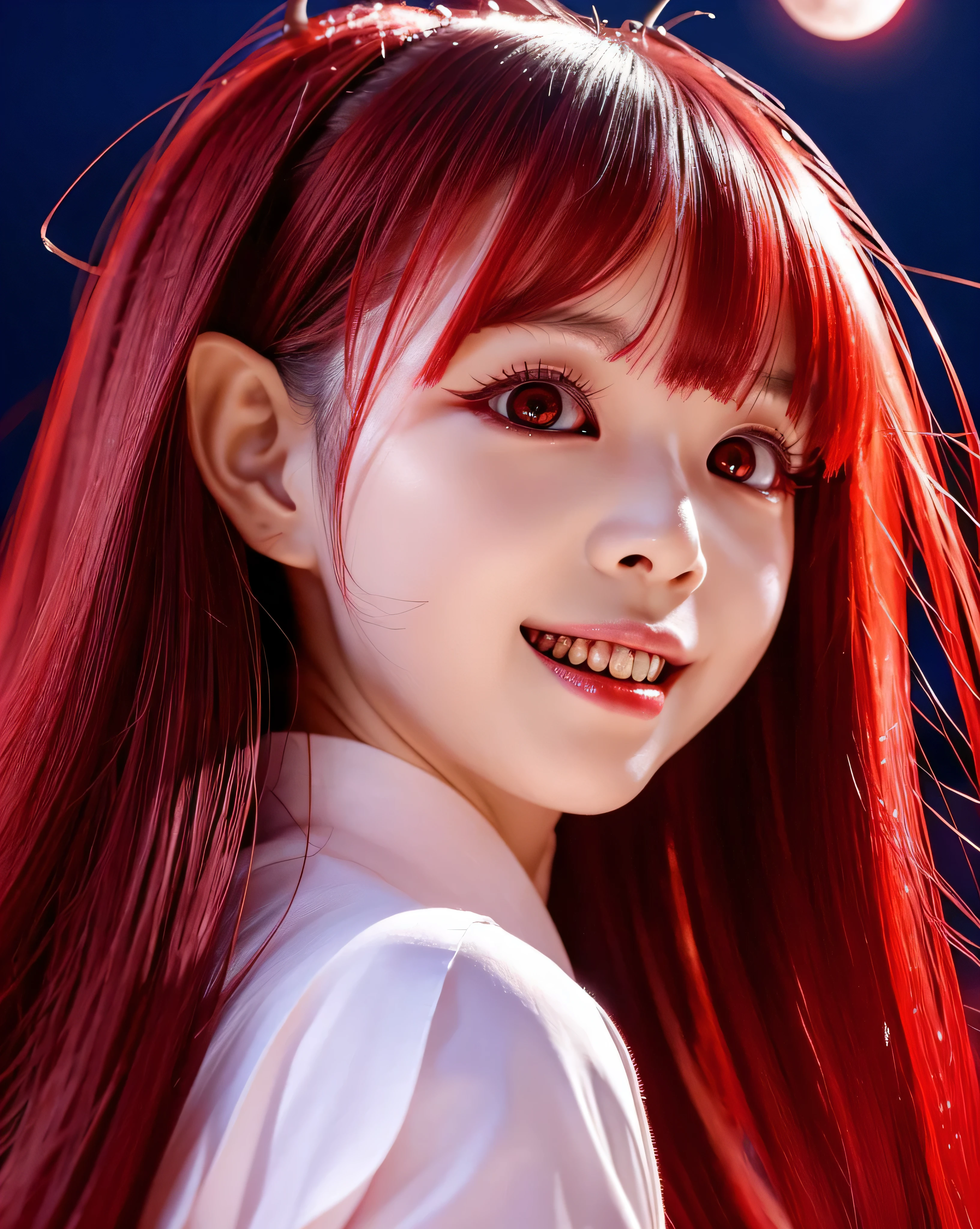 beautiful japanese woman　(devil girl:1.5)　complex colored red hair　platinum red thin hair　small devil horns on forehead　Detailed complex hair　natural makeup　Super Long Straight Silk Hair　asymmetrical bangs　big magic eyes　moist red eyes　 gentle smile　simple red kimono　full moon night　pointed double teeth　smooth white skin　professional lighting