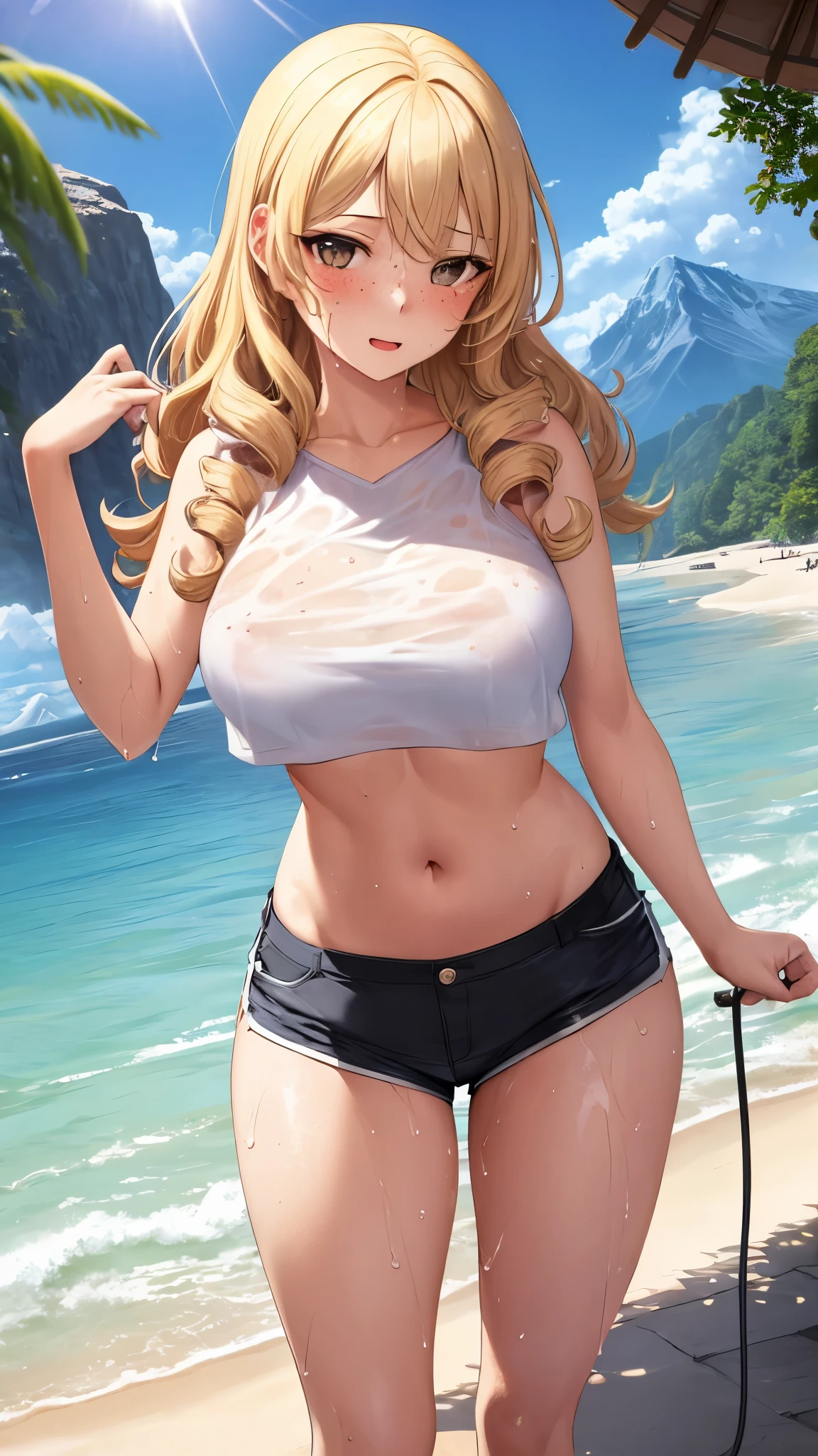 (best quality, masterpiece), 1 girl, Middle-aged woman,微lol, lol, ocean, crop top, shorts, blonde, freckle, blush, looking at the audience, curls, cloud, splash, wave, sun, Mountain, wet