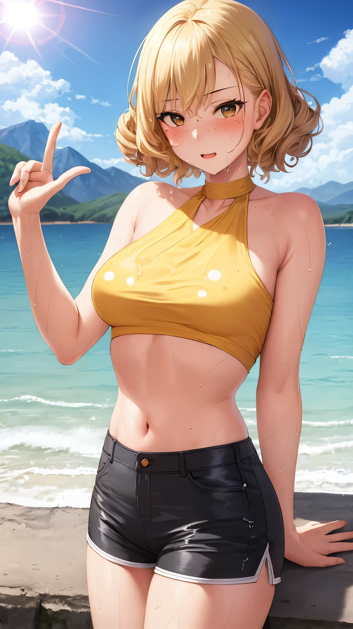 (best quality, masterpiece), 1 girl, Middle-aged woman,微lol, lol, ocean, crop top, shorts, blonde, freckle, blush, looking at the audience, curls, cloud, splash, wave, sun, Mountain, wet