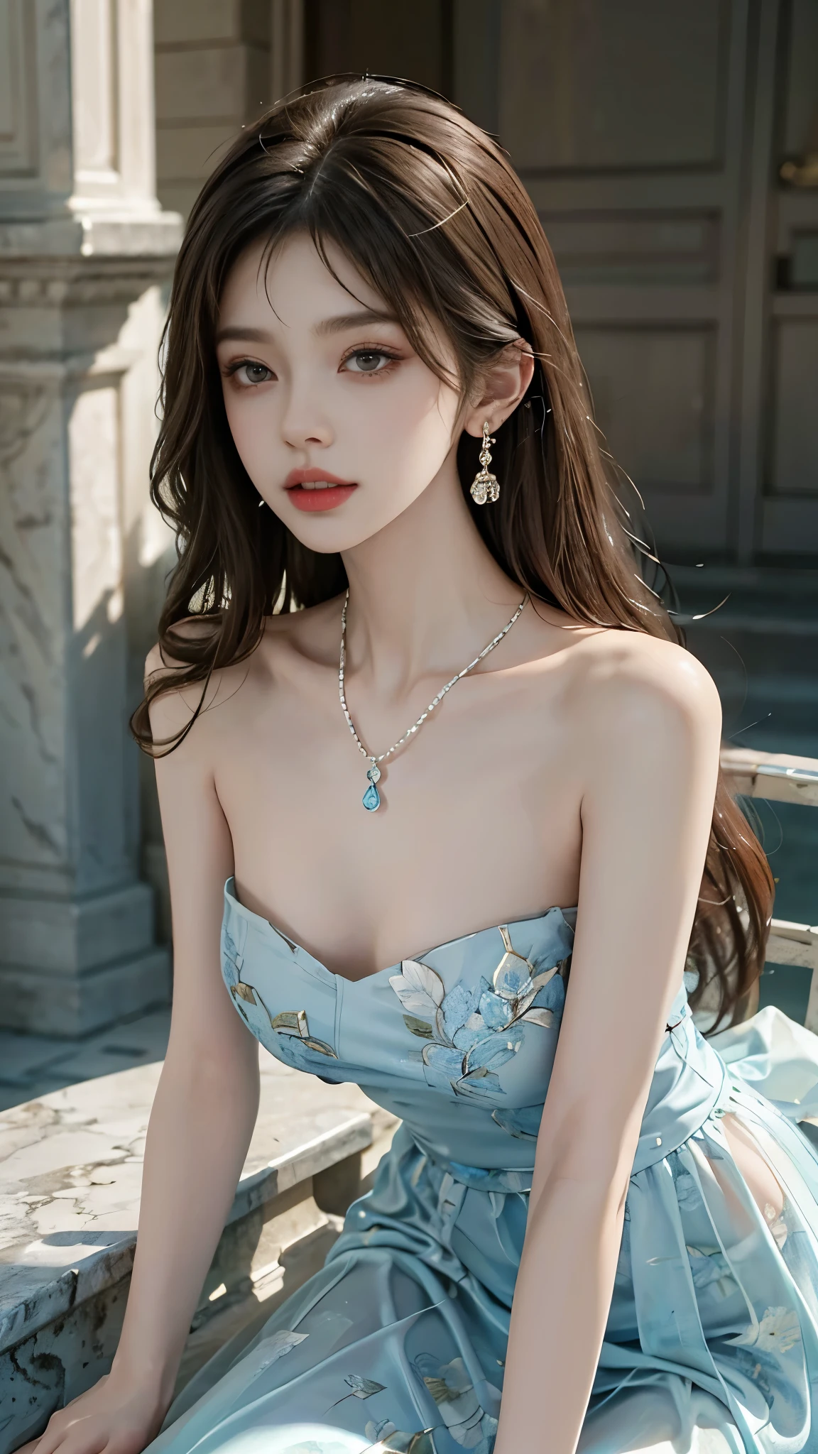 bare shoulders, dress,  ((full body)), ((from below)), yushuxin,1girl,solo, ((Stand up, against the ledge)), ((leaning forward)), ((Clear features, clear faces, clear faces)), red lips, makeup, close-up shot, elegant posture, enticing pose, perfect curves, slim, sexy, big breasts, cleavage, beautiful legs, mesmerizing gaze, biting lips, messy long hair, simple casual scene, extremely detailed, ultra-clear, best quality, official art, exquisite earrings, delicate necklace, extremely detailed description, super fine painting, exquisite features, Elegant, beautiful, hyperfine details, master works, authentic texture, cinematic lighting realism, Masterpiece, best quality