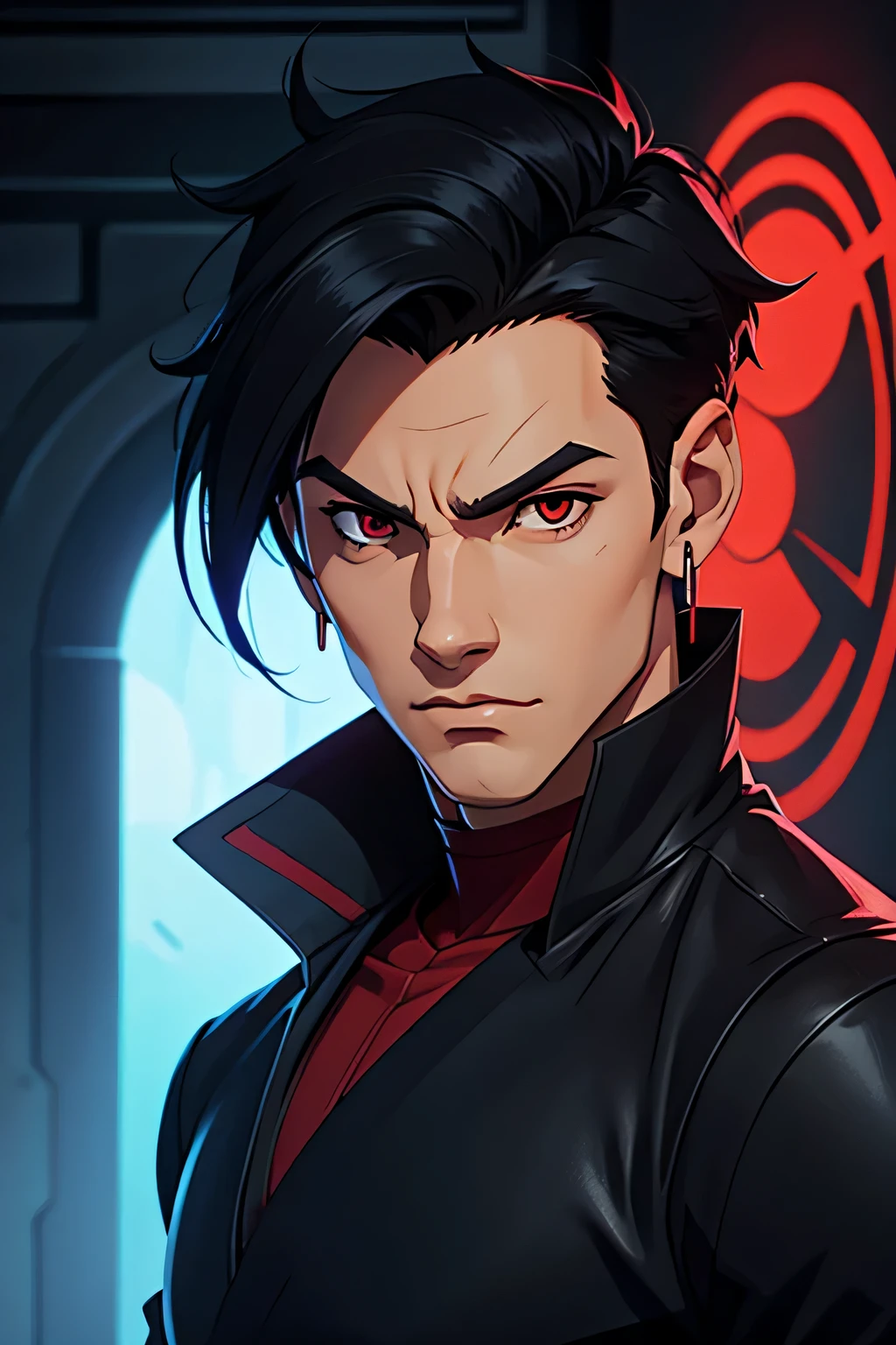 male anime character, red eyes, black hair, long blue hourglass tip earrings, blue, red and black tone clothes, male