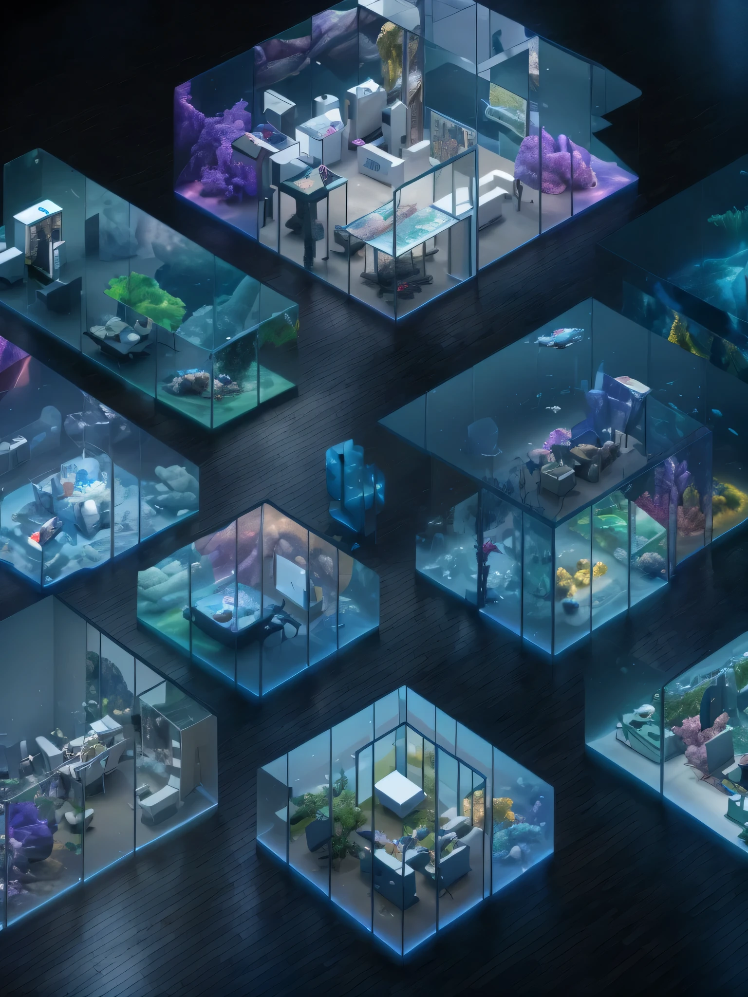 Several glass exhibition halls put together, furniture showroom, Concept exhibition hall like a jigsaw puzzle, Magical place, clean screen, Sci-fi sense, not real, nature, Environmentally friendly, On the surface of the sea, 3D modeling, high contrast, high resolution, ultra high definition, dark background, The whole picture, high detail, 135mm, panoramic, 8k, ultra high definition, masterpiece, precise