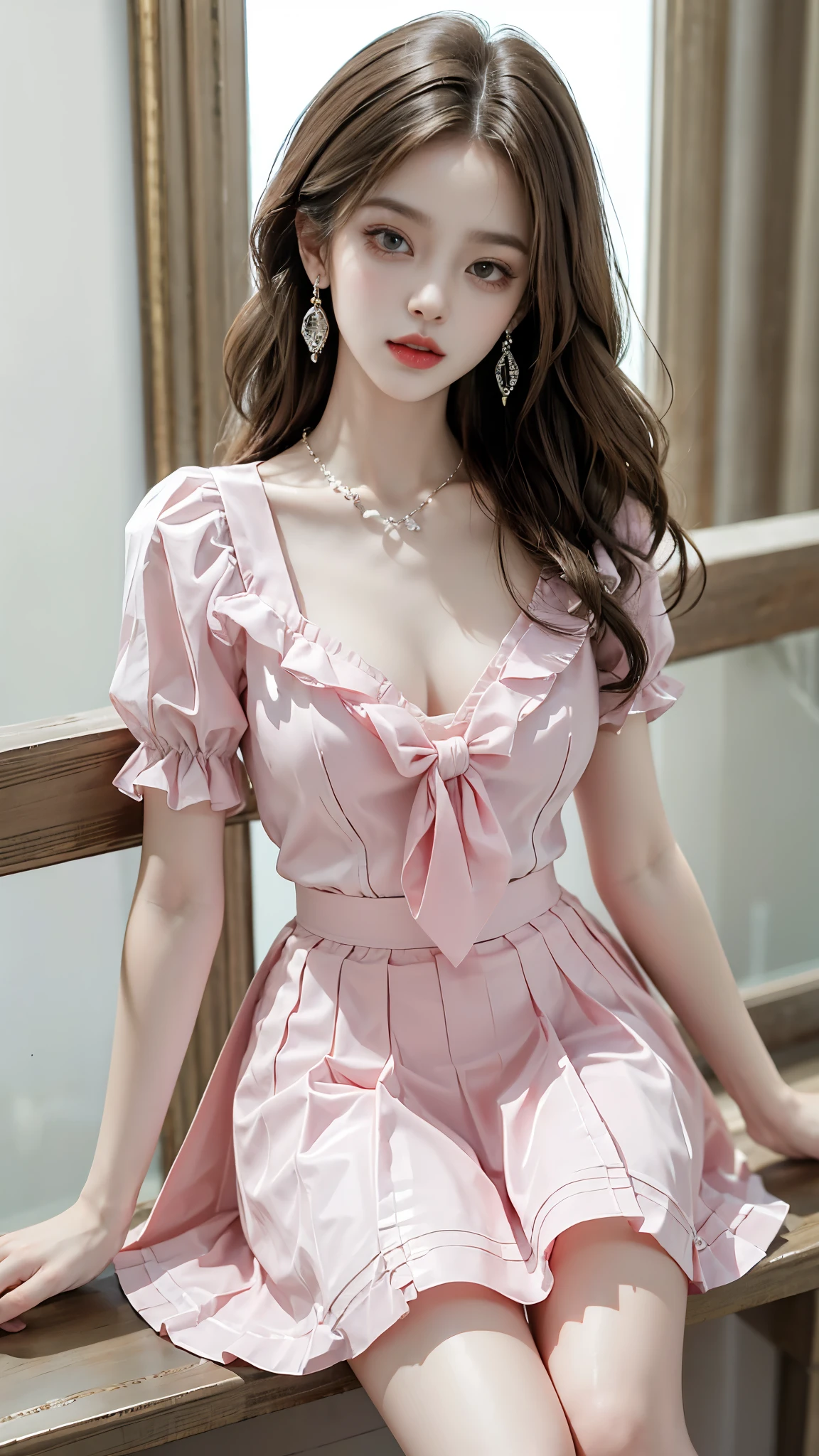 pleated skirt,pink skirt,pink sailor collar,  ((full body)), ((from below)), yushuxin,1girl,solo, ((Stand up, against the ledge)), ((leaning forward)), ((Clear features, clear faces, clear faces)), red lips, makeup, close-up shot, elegant posture, enticing pose, perfect curves, slim, sexy, big breasts, cleavage, beautiful legs, mesmerizing gaze, biting lips, messy long hair, simple casual scene, extremely detailed, ultra-clear, best quality, official art, exquisite earrings, delicate necklace, extremely detailed description, super fine painting, exquisite features, Elegant, beautiful, hyperfine details, master works, authentic texture, cinematic lighting realism, Masterpiece, best quality