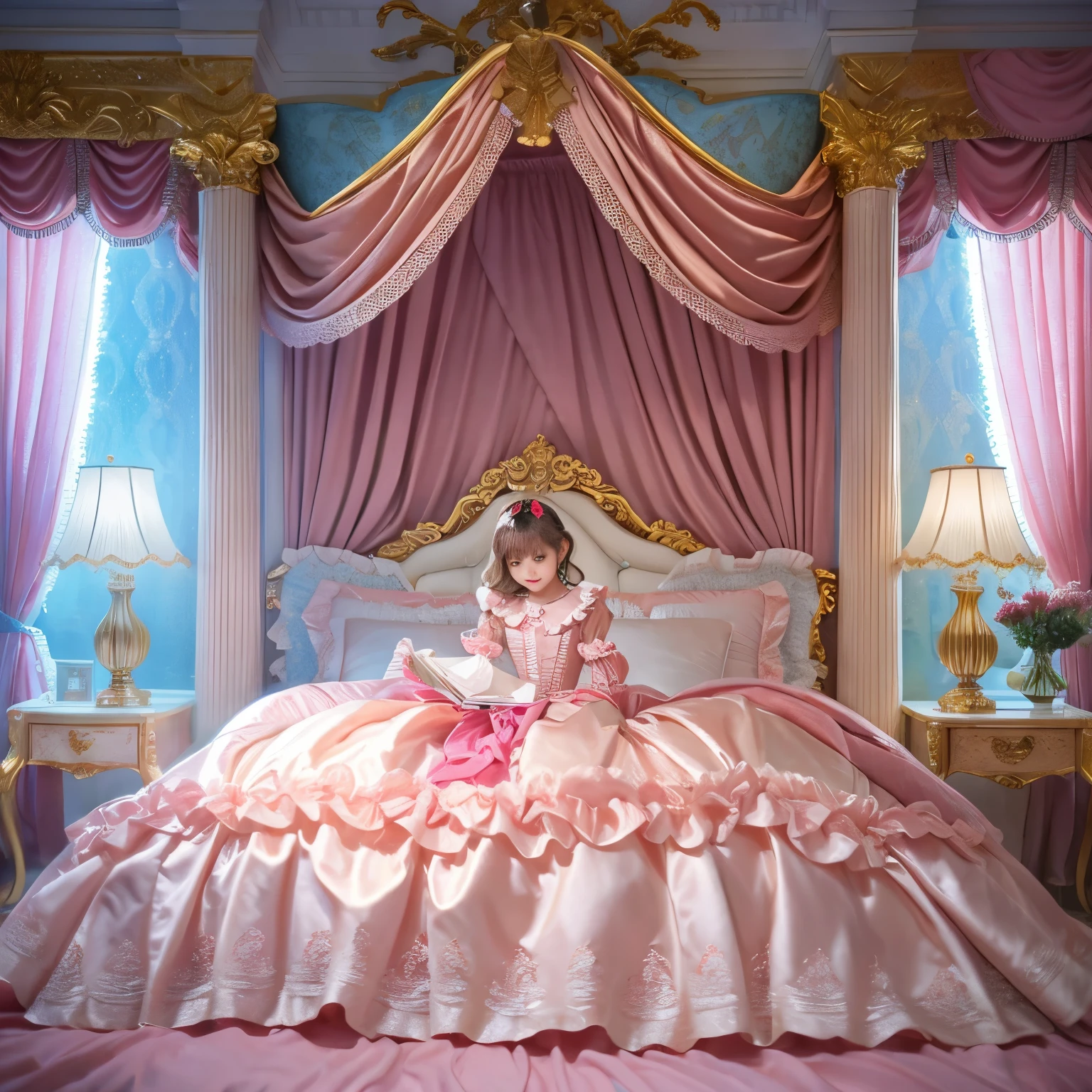 ,highest quality, masterpiece, highest resolution, artwork, super それにget used to it, many get used to it, get used to it, それにget used to it, 3K realistic photos,,(( When I was )),Super detailed baby face,She is a princess,Full length ball gown dress with hoop skirt,ruffle yoke collar,puff sleeves,long sleeve,((Lolita style pink detailed princess satin dress、Comes with lots of frills and ribbons。)),colorful rococo fashion,shiny satin dress,Soft and smooth fabric,luxury,long blonde hair,blue eyes,white skin european,pajamas,((inside the palace)),,,(( When I was 10 years old)),Sd baby face,Full length ball gown dress with hoop skirt,ruffle yoke collar,puff sleeves,腰まで伸びるlong blonde hair,blue eyes,white skin european,pajamas,((inside the palace bedroom)),ピンクのシルクサテンのluxuryなcanopy bedの上,canopy bed,luxurious curtains under the canopy,many frilly pillows on the bed,super detailed background,Detailed bed,romantic atmosphere,little princess is sleeping on the bed,Covering the lower body with a futon,head is on the pillow,