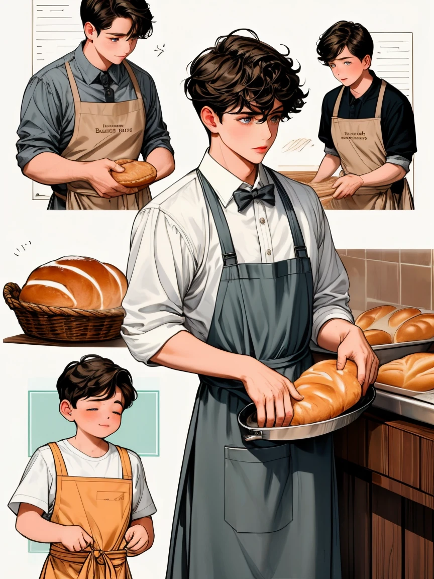 masterpiece, collage of a boy baking bread, apron, 