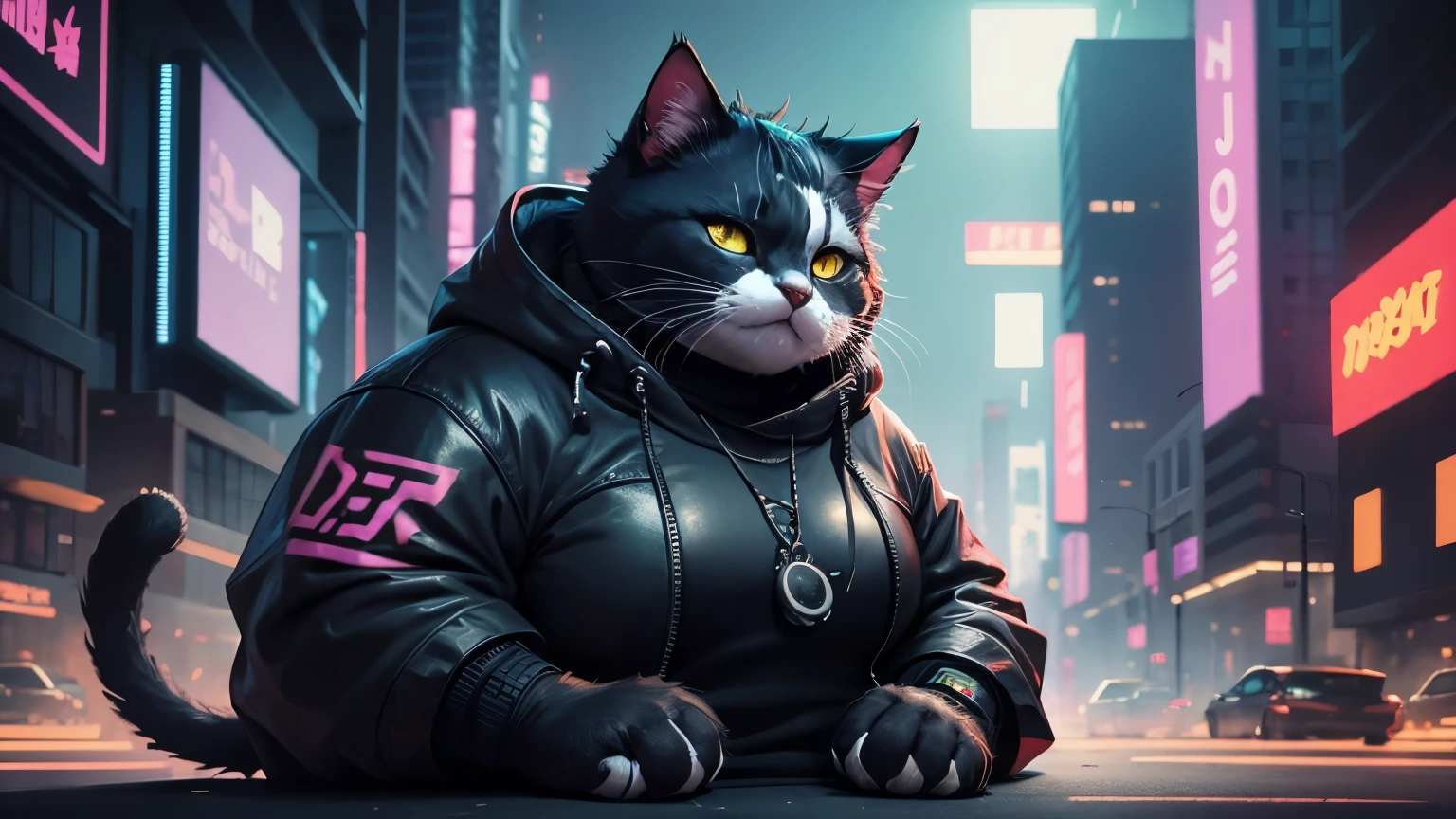 (fat cyberpunk cat:1), close, background abstract color
