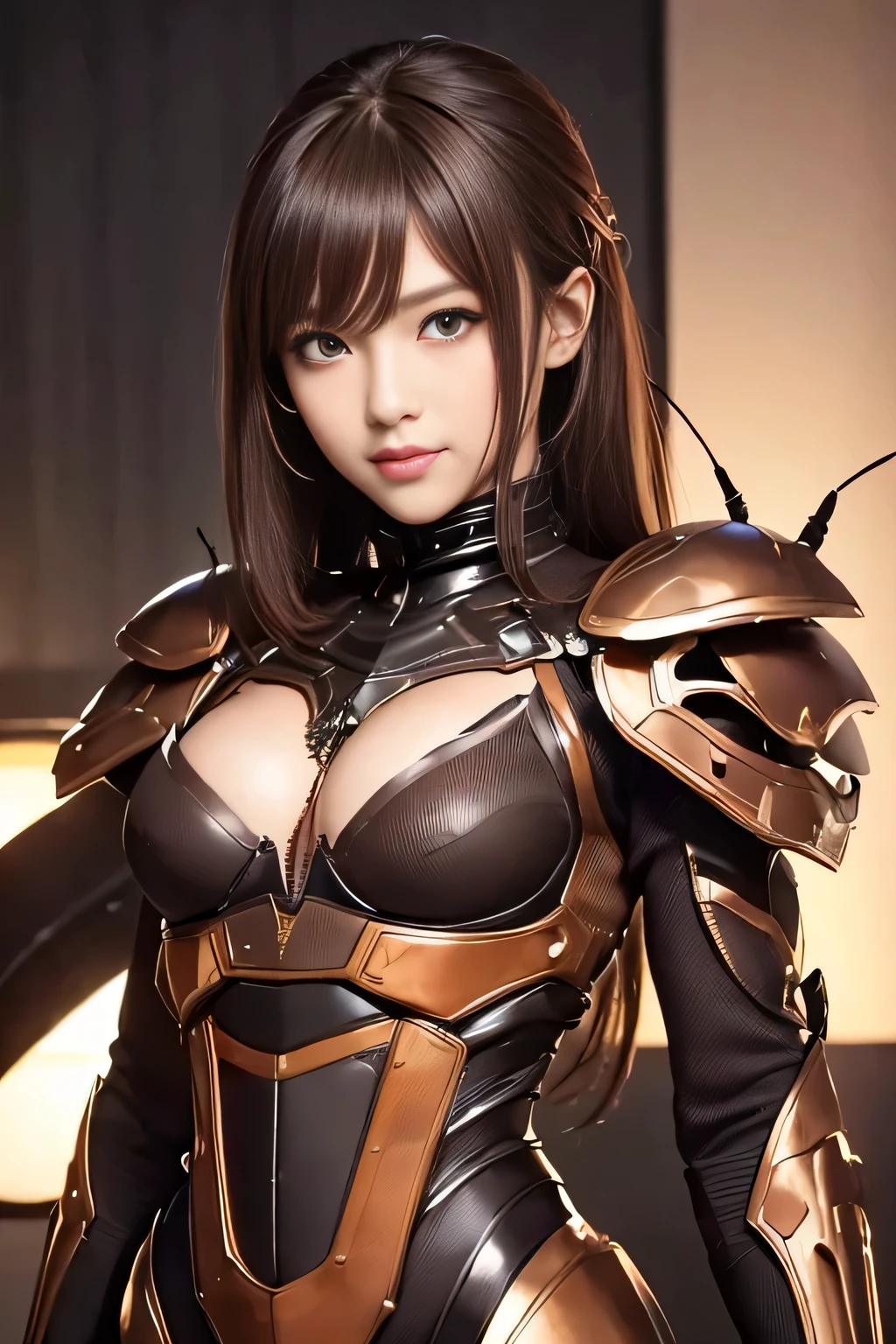 (High resolution,masterpiece,highest quality,Very detailed CG, anime, official art:1.4), realistic, photograph, amazing detail, all complicated, luster and luster,great many layers, 8k wallpaper, 3D, sketch, cute, figure,( alone:1.4), perfect female proportions,villain&#39;s daughter, (Fusion of dark brown cockroach and lady:1.4), (brown cockroach form lady:1.2), (brown cockroach woman:1.2), (Fusion:1.2), (alone:1.4), (evil smile:1.2), muscular, abs, (Cockroach brown exoskeleton bio insect suit:1.4), (Cockroach brown exoskeleton bio insect armor:1.2), (brown transparent cockroach feathers:1.4), (brown cockroach antenna:1.3),