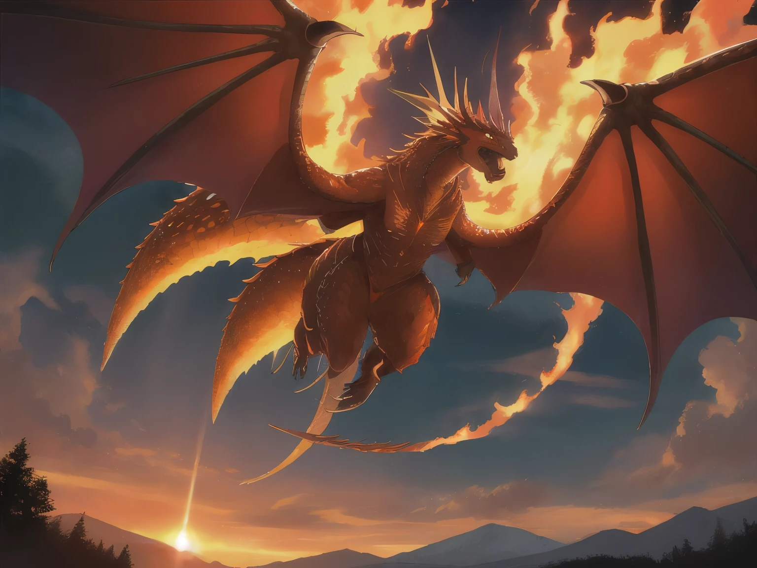 (best quality,4k,8k,highres,masterpiece:1.2),ultra-detailed,realistic:1.37,A majestic dragon soaring through a fiery sky, its iridescent scales glinting in the sunlight,fire-breathing effect,expansive wingspan:1.1, muscular built:1.1, piercing eyes, sharp golden claws:1.1,scales reflecting a spectrum of colors:1.1,tail elegantly curling behind it,flames swirling around its body, billowing smoke tendrils:1.1,dynamic poses,snarling expression, dramatic lighting, vibrant colors:1.1,sunset tones, fiery red and orange hues:1.1,majestic presence, majestic mountain range in the background, clouds illuminated by the setting sun