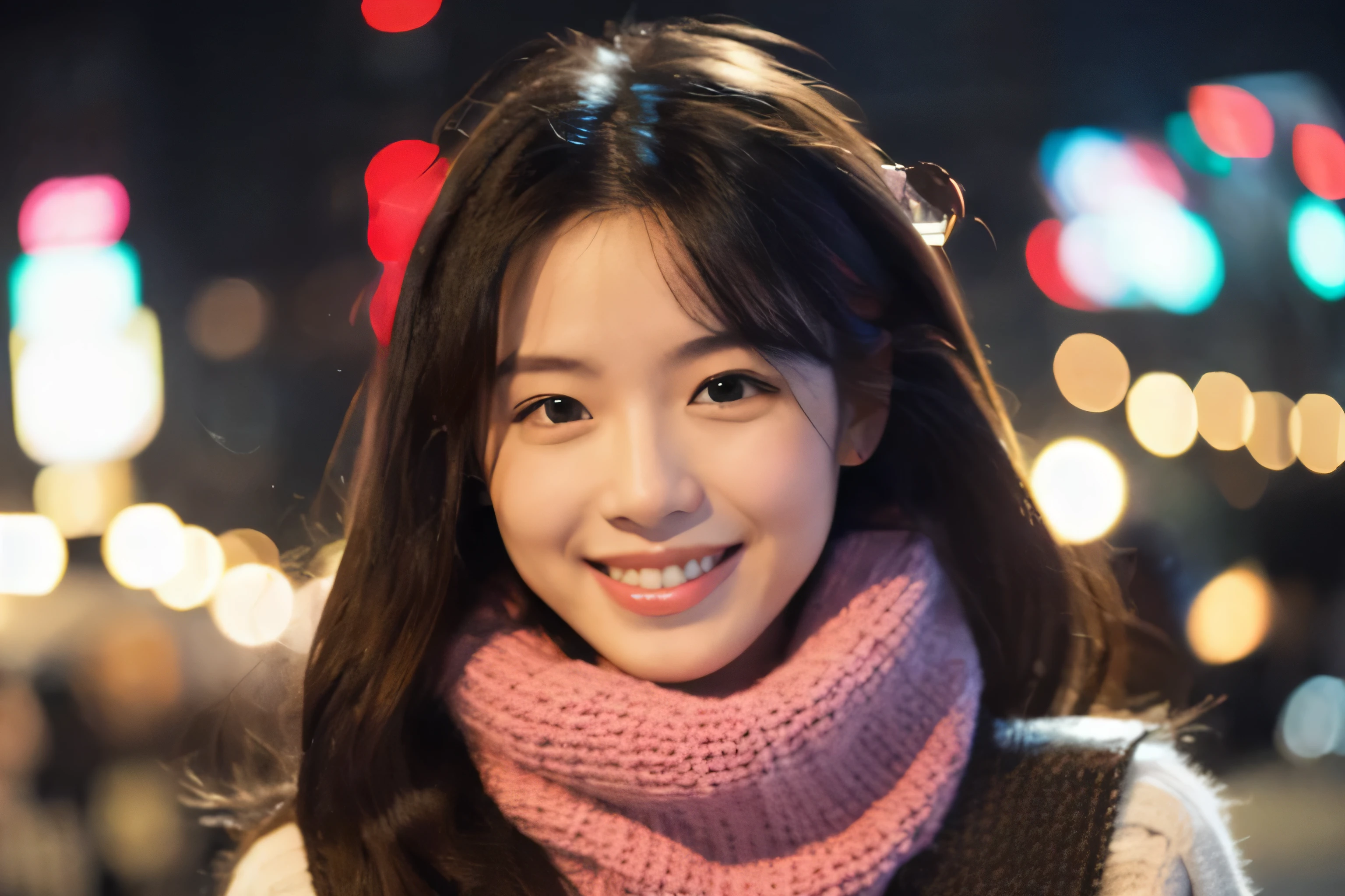 beautiful girl、Idol、smile、look at the camera、28 years old、Japanese、knit、night view、date、
