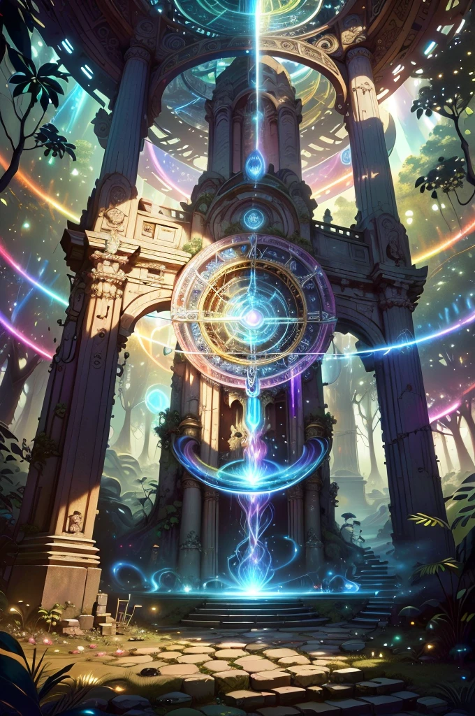 (best quality,8k,ultra-detailed,high-res,masterpiece:1.2),complex details,wallpaper,chronomancy AI,(rainbow-colored large portal to another dimension), ((gateway)), (hidden depths of the jungle:1.2),forgotten ancient temple,altar,staircase