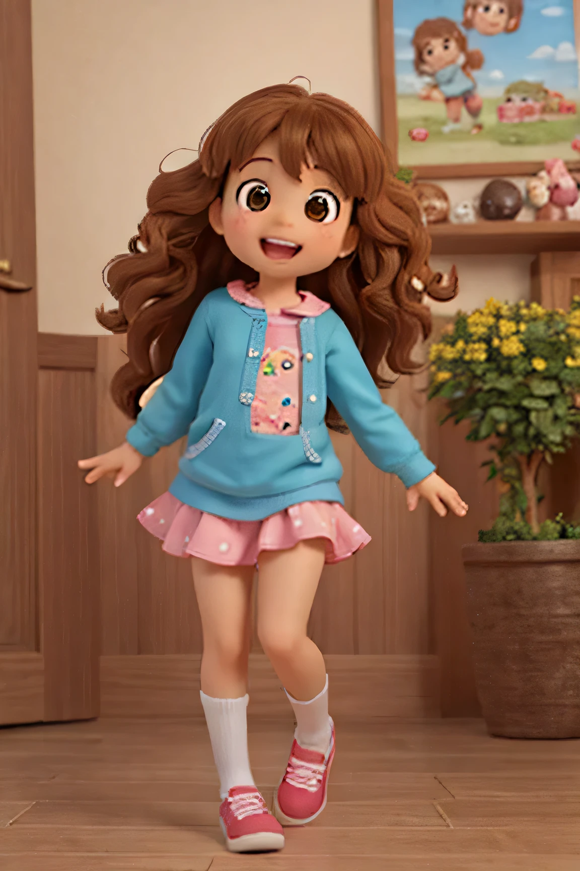(ultra detallado,high resolution),(Realista,photo-Realista:1.37),(Mejor calidad:1.2),long brown curly hair,linda sonrisa,personalidad encantadora,Ojos vivos,Brown eyes,mejillas sonrosadas,happy expression,Personaje animado,5--old l,personaje animado,estilo de dibujos animados,actitud juguetona,juvenil,mirada inocente,cara expresiva,mirada cautivadora,colorful backdrop,escena caricaturesca,Childhotitud alegre,Fun loving spirit,Colores vibrantes,maravilla ,apariencia adorable,Curiosidad,entusiasta,Friendly disposition,traje elegante,positive energy,mundo animado,cute Personaje animado