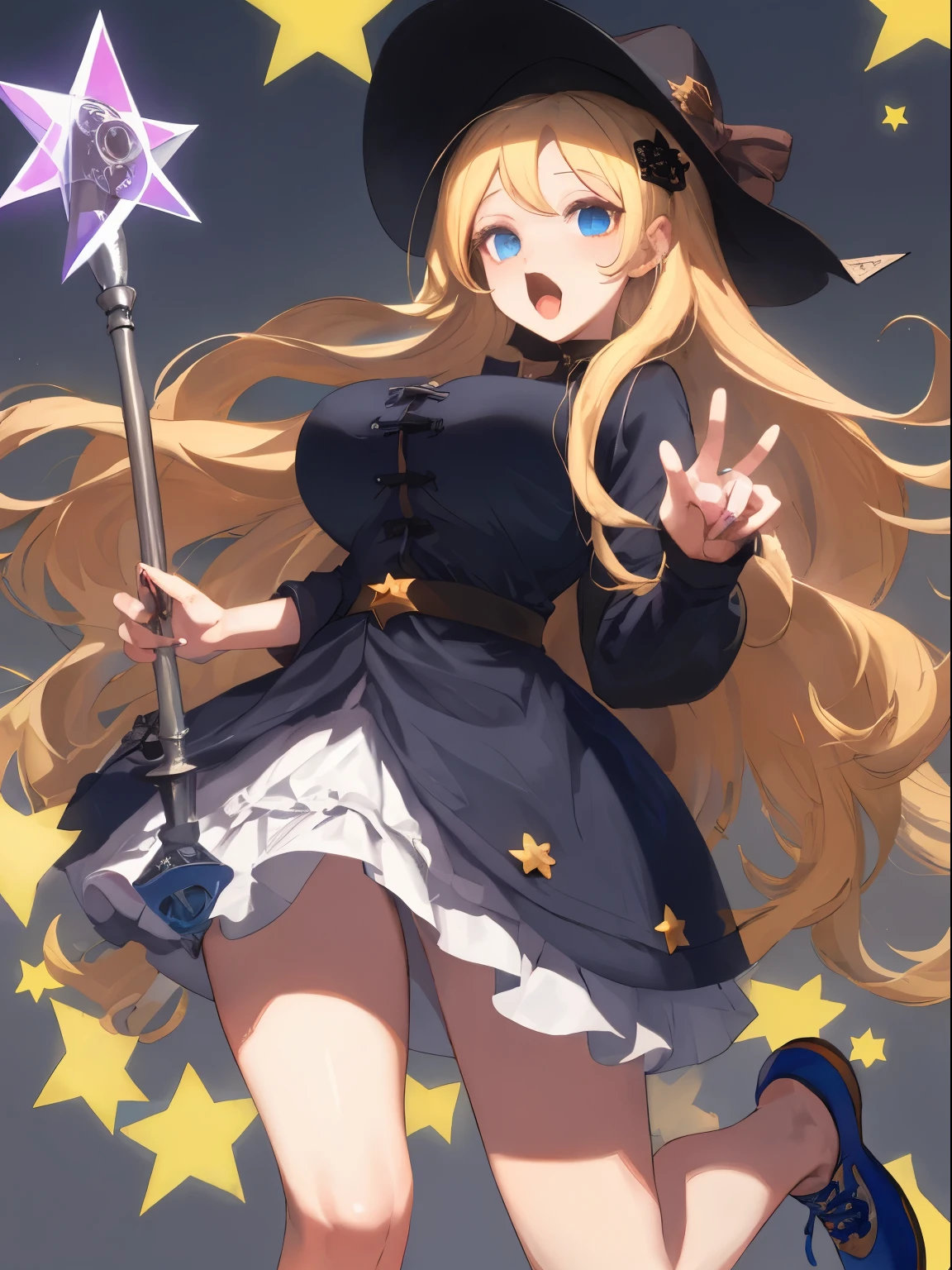 masterpiece、highest quality、one girl、blonde、blue footwear、青いhat、chest、hat、Six stars、big breasts、long hair、Viewer&#39;s perspective、nail polish、open your mouth、pentagram、pentagram、solo、staff、cane、魔法使いのhat、 遊戯王!