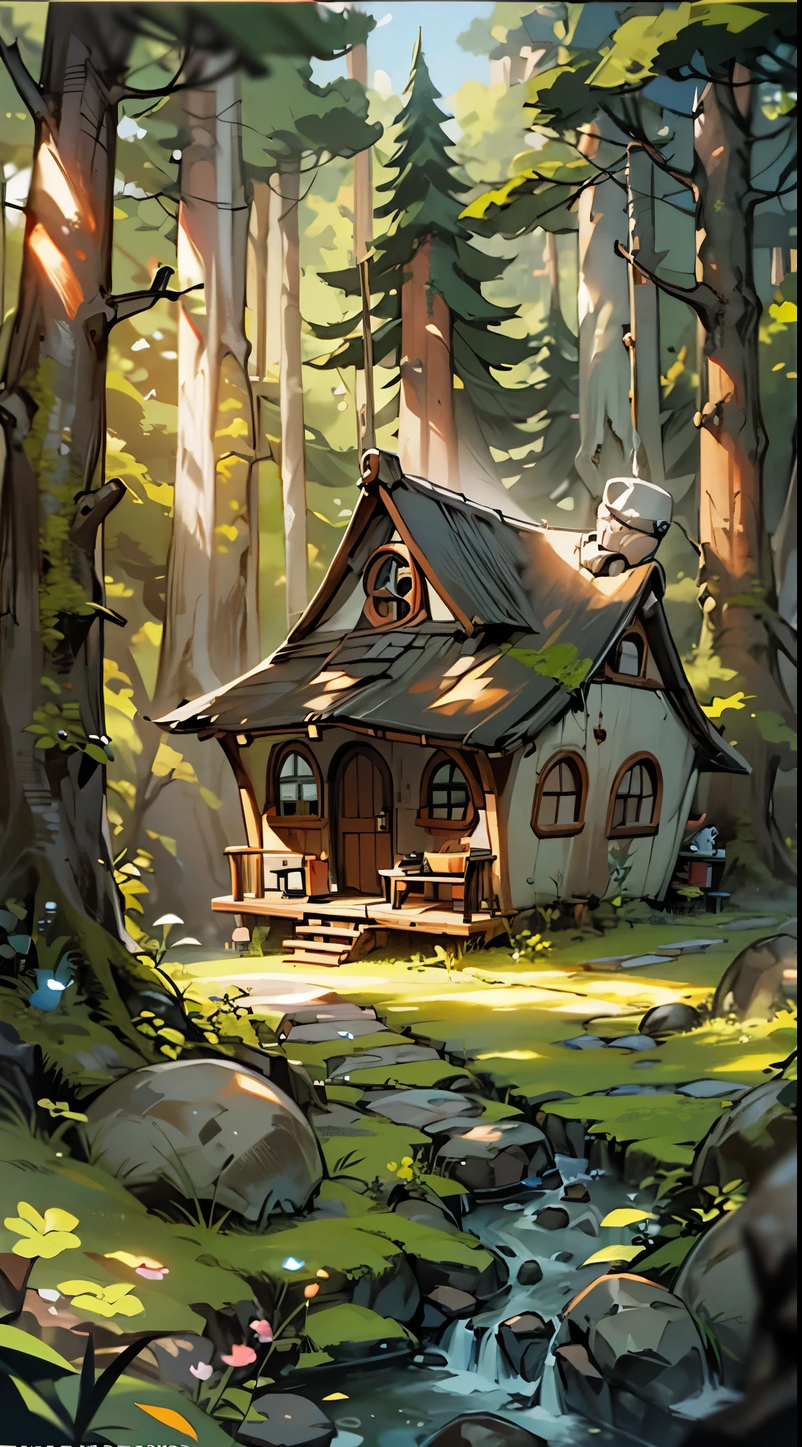 (best quality,4k,highres:1.2),ultra-detailed,realistic:1.37,idyllic,whimsical cartoon anime style inspired by Studio Ghibli,idyllic woodland setting, An idyllic woodland setting featuring a cozy cabin bathed in the soft glow of daylight. Rendered in a whimsical cartoon anime style inspired by Studio Ghibli, the scene includes playful woodland creatures and dappled sunlight filtering through the trees, creating a serene atmosphere
