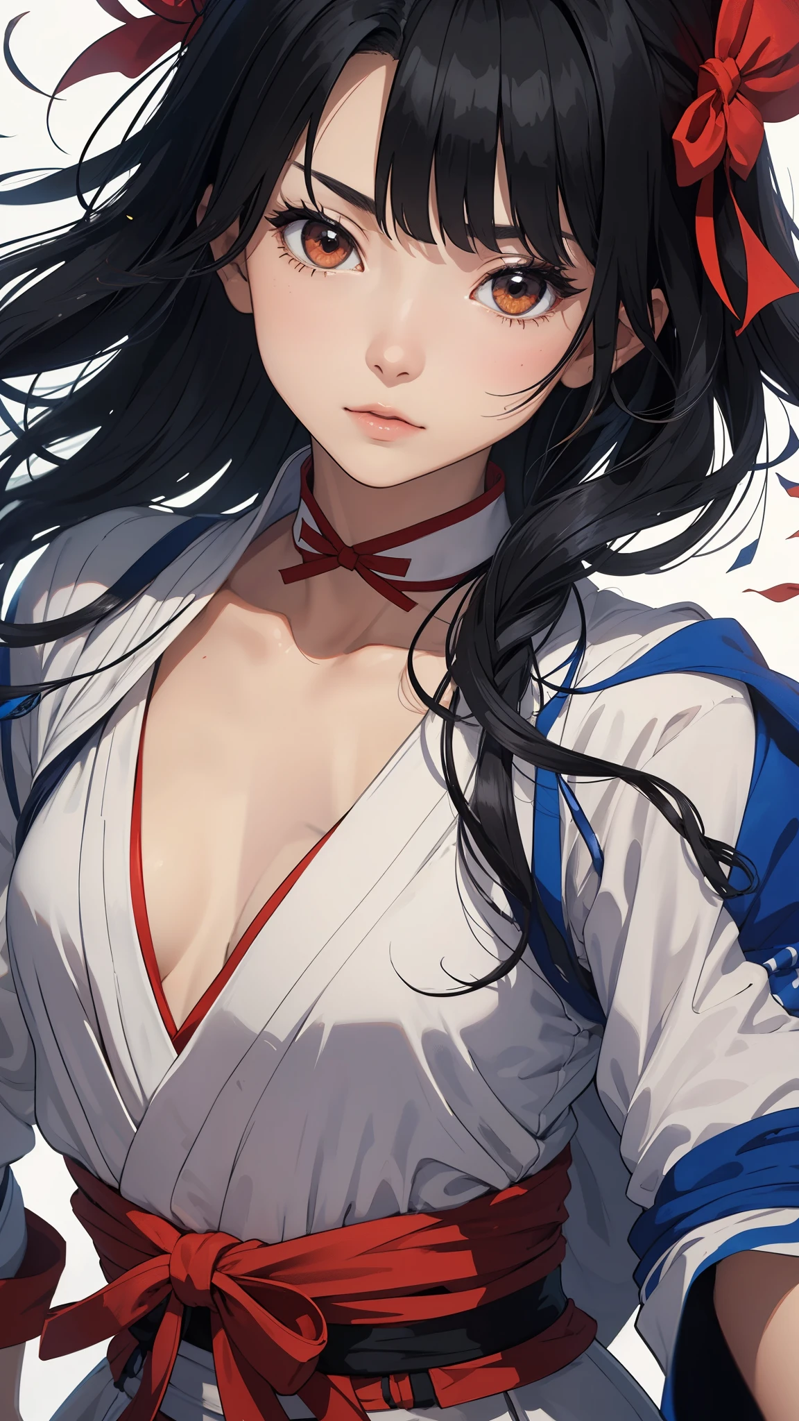(fantasy illustration:1.5), (alone:1.2), (Japanese cartoons,8k,masterpiece, top quality, best quality,Beautiful and beautiful:1.2,Professional illustration:1.1,Ultra-detailed:1.3,perfect lighting), Very detailed, most detailed, Extremely ridiculous, high resolution, Ultra-detaileded, complex:1.6, (girl), Very detailed的美丽的脸和眼睛, beautiful hair, bob hair, blunt bangs, (black hair:1.4), (red ribbon behind hair:1.2), ( Samurai Shohun Akatsuki&#39;s nakoruru costume:1.2), Guess the skin, (Abstract:1.2), beautiful, Subei Subei, (short and small,Medium chest), Sense of speed, Dagger Master,