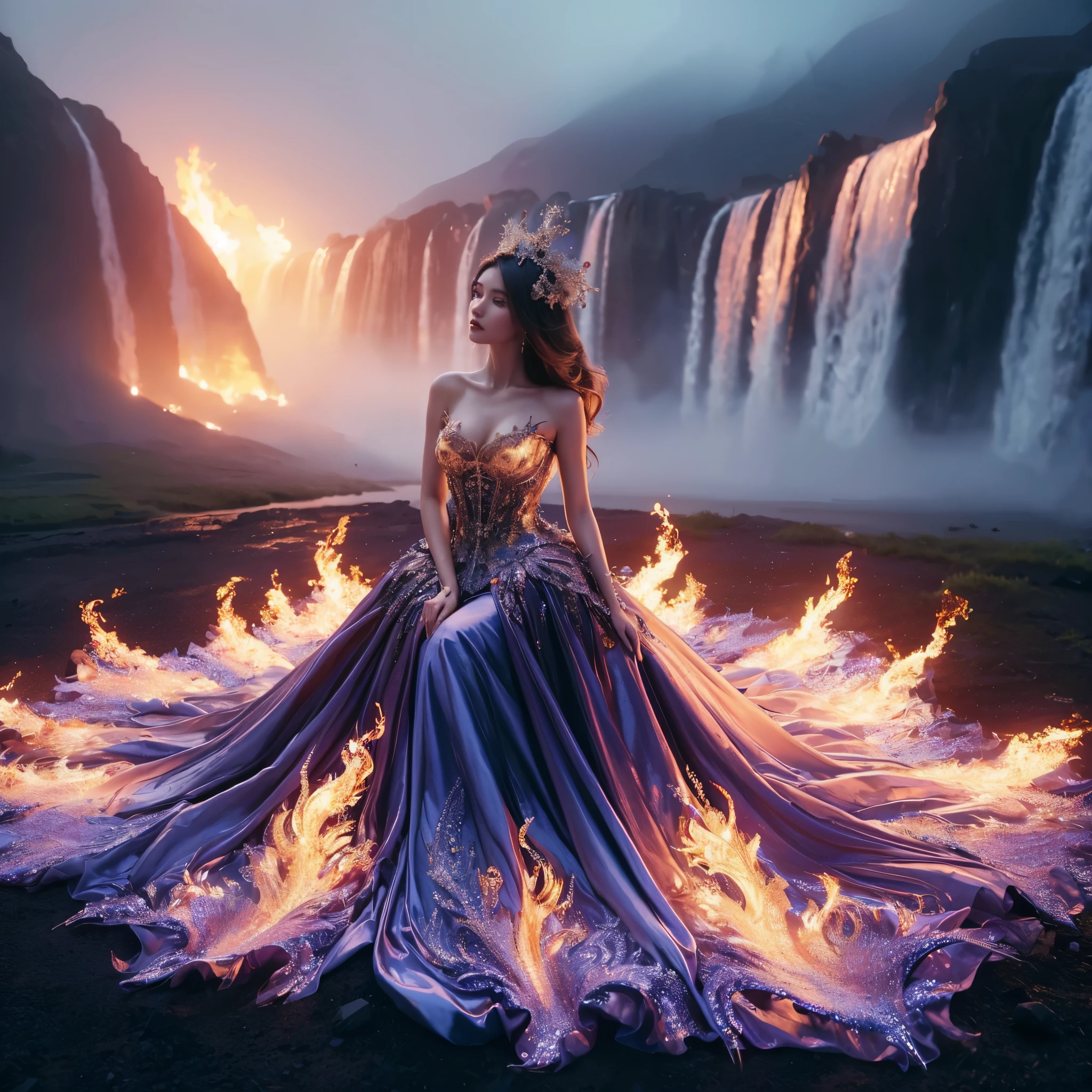 arafed woman with bustier gigantic breast in a flame corset and flame dress in front of a building, wearing an ornate outfit, ornate dress, intricate dress, elegant flame corset, ornate and elegant, extravagant dress, inspired by Hedi Xandt, ornate attire, intricate outfit, ornate royal gown, ornate clothing, ornate gown, intricate and elegant, intricate detailed dress, ornate , royal dress, detailed hand, detailed finger, masterpiece, best quality:1.2),,(8k,highres,RAW photo,realistic,photo-realistic:1.3),(detailed skin texture,detailed cloth texture,detailed flame texture, beautiful detailed face:1.25),professional lighting,photon mapping,beautiful soft light,radiosity,physically-based rendering,raytracing, model shoot style, model shoot style, (extremely detailed CG unity 8k wallpaper), full shot body photo of the most beautiful artwork in the world,