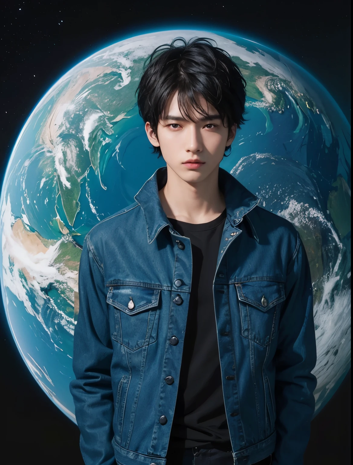 A man is looking at the camera with a serious expression. Twenty years old. Short black hair. He is wearing blue jeans as a jacket. An image of two blue planets overlapping behind a man.