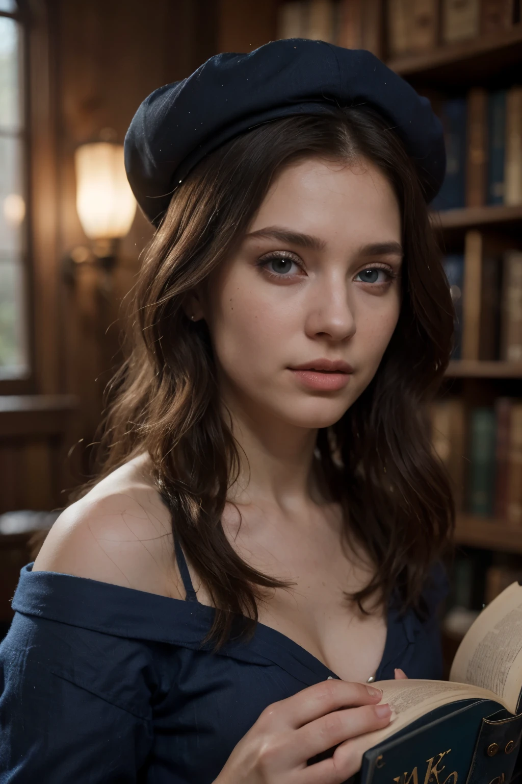 (best quality,4k,8k,highres,masterpiece:1.2),ultra-detailed,(realistic,photorealistic,photo-realistic:1.37),medieval,blue clothes,enchanted book,white long glossy hair, dark skin,blue eyes,witch
