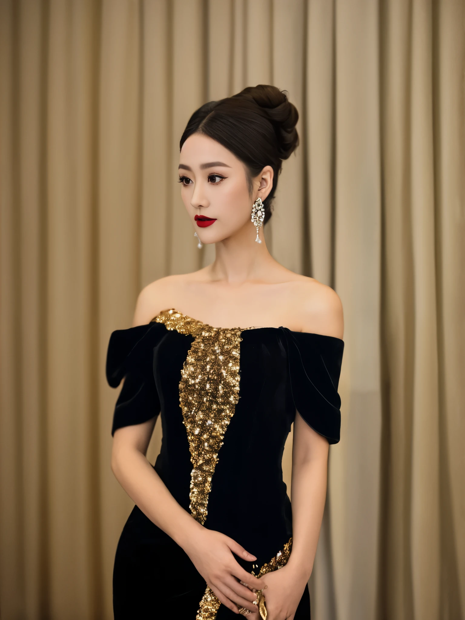Asian woman, elegant, off-the-shoulder dress, sequined, black with gold accents, formal attire, indoor setting, curtain background, soft lighting, neutral makeup, red lipstick, hair updo with accessory, long earrings, poised expression, looking down, blurred background, portrait, vertical composition, high-quality image, soft focus, photography, fashion., masterpiece,best quality,ultra-detailed,