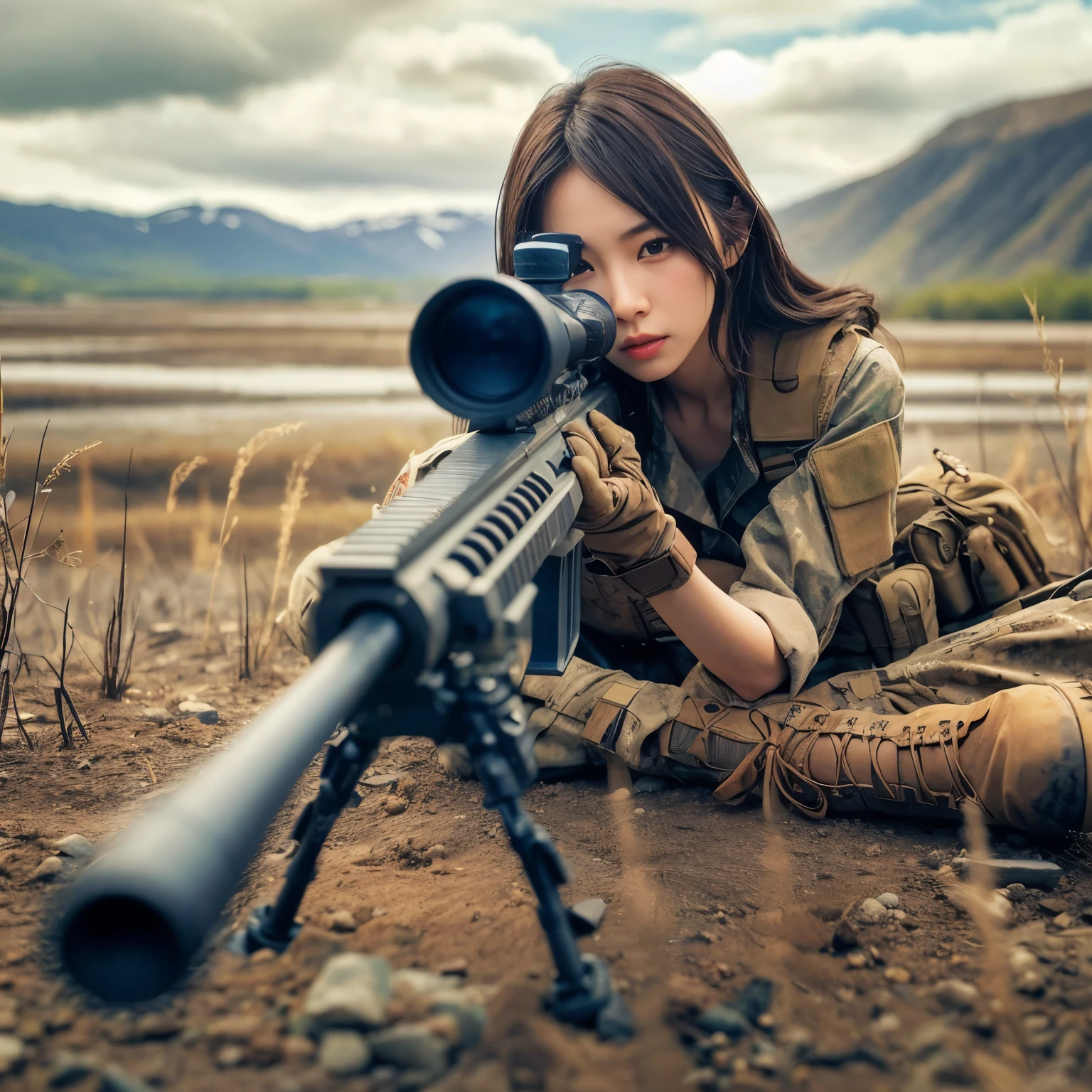 photorealistic、Realistic skin textures、A beautiful Japanese woman belonging to the American military is aiming with a sniper rifle.、standing、On the rubble、brown dust smoke、Action poses with movement、Image from front top