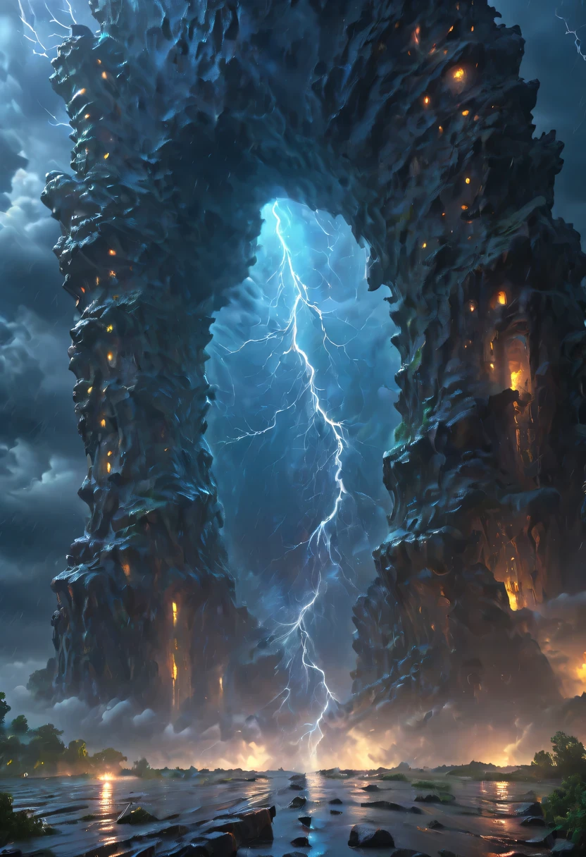 (best quality,4K,high resolution,masterpiece:1.2),Super detailed,actual, human development report,ultra high definition,studio lighting,extremely detailed description,bright colors,Bokeh, portrait,A stormy night,Standing alone in the pouring rain. Thunder breaks through the sky, Light up the scene with lightning. Surrounding the figure are several weathered stone pillars,towering over the flood, Arranged in the shape of a doorway. The pillars are decorated with mysterious alien symbols, Glows a faint blue light in the dark. The rain pours down mercilessly, When raging floods threaten to engulf an ancient and mysterious portal,The ground turned into a muddy river.