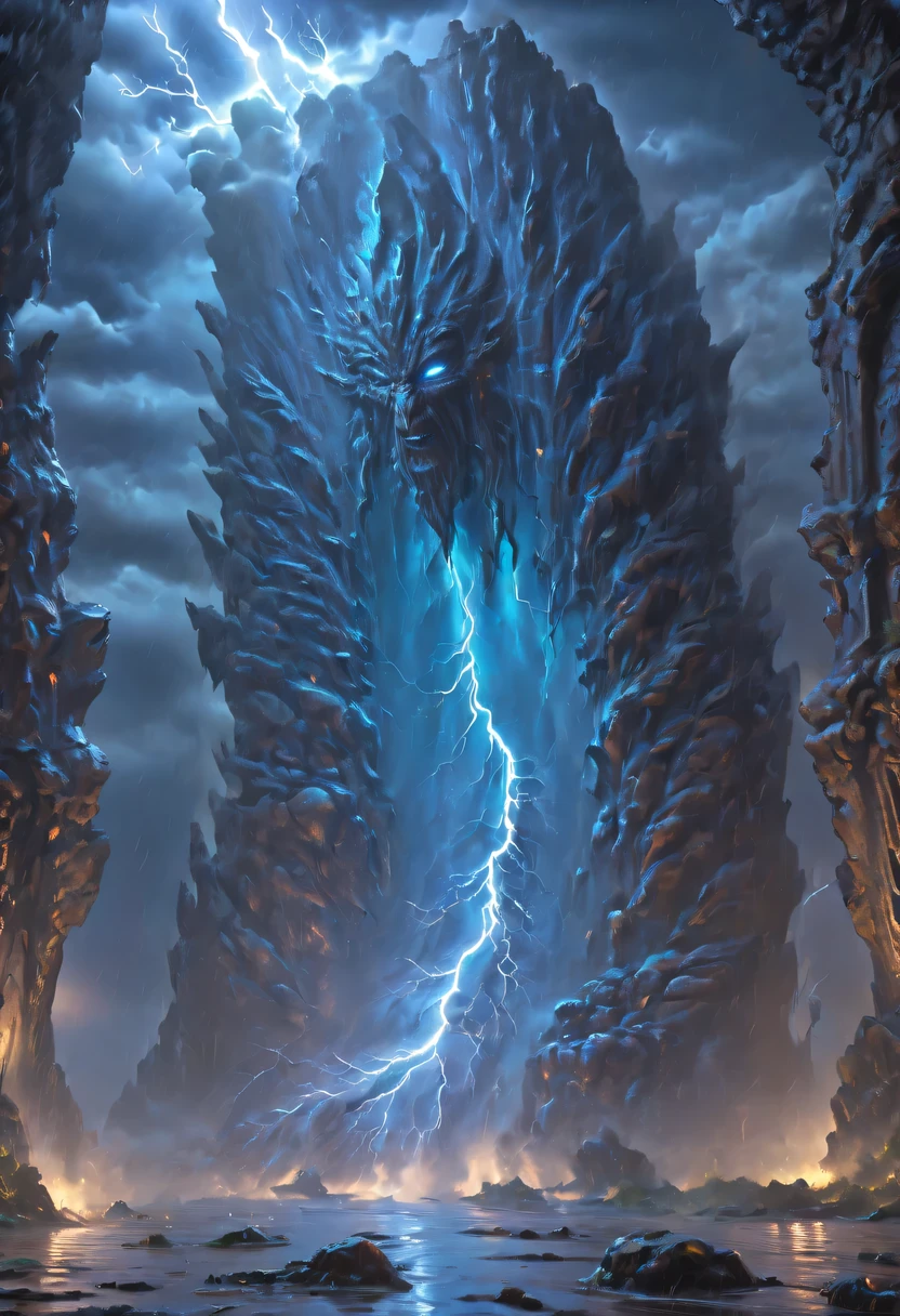 Night of heavy rain,Lightning and lightning,A few weathered stone pillars stand alone in the flood,Spliced into door shape,The mottled alien text flashes with a faint blue light,Heavy rain like waterfall,muddy river,The raging flood is about to submerge the ancient and mysterious portal