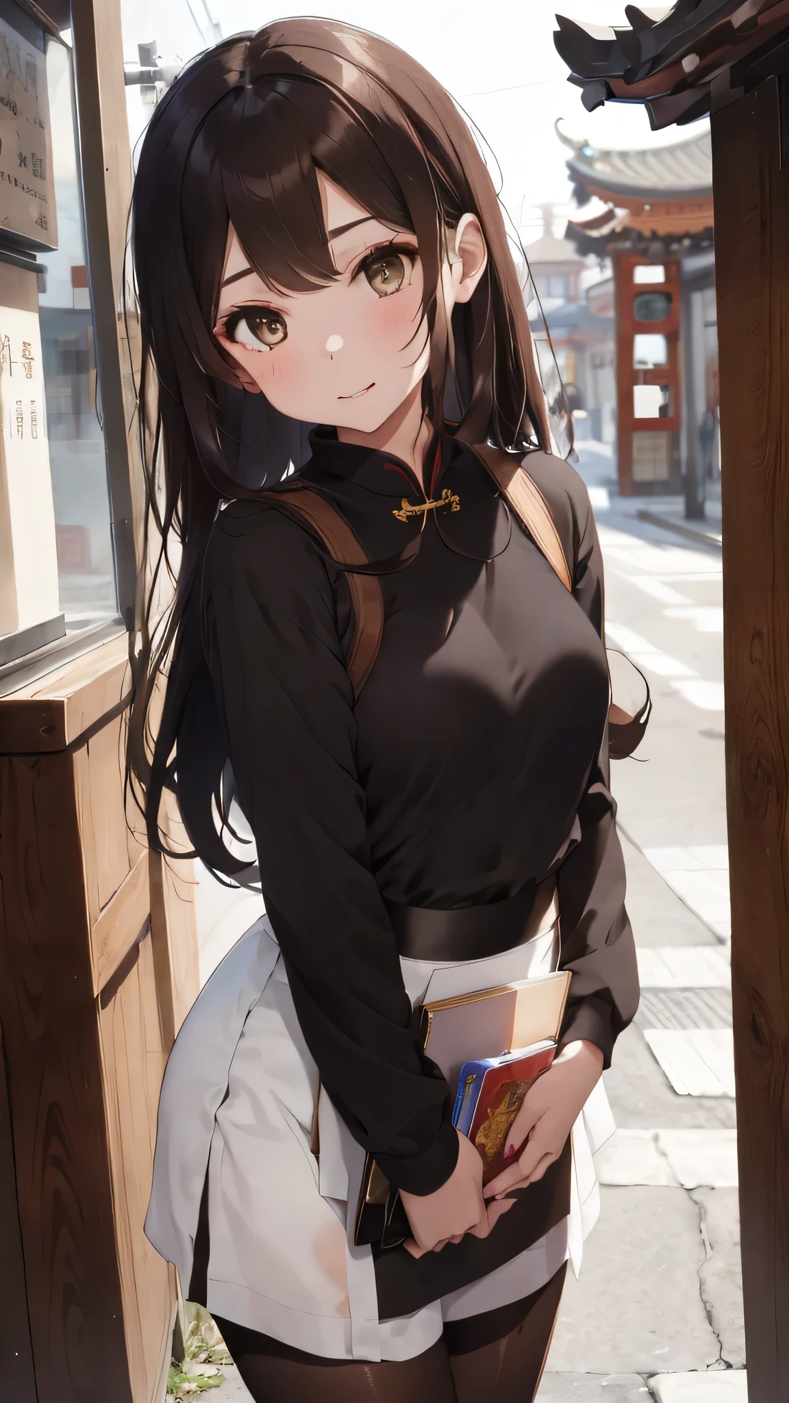 1 girl, long brown hair, brown eyes, Wearing a black cheongsam, white pantyhose, temple, Chinese, high resolution, Super sharp, 8k, masterpiece, looking at the audience
