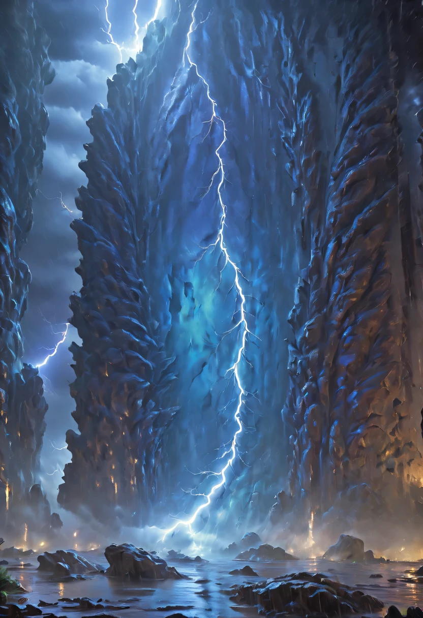 Night of heavy rain,Lightning and lightning,A few weathered stone pillars stand alone in the flood,Spliced into door shape,The mottled alien text flashes with a faint blue light,Heavy rain like waterfall,muddy river,The raging flood is about to submerge the ancient and mysterious portal