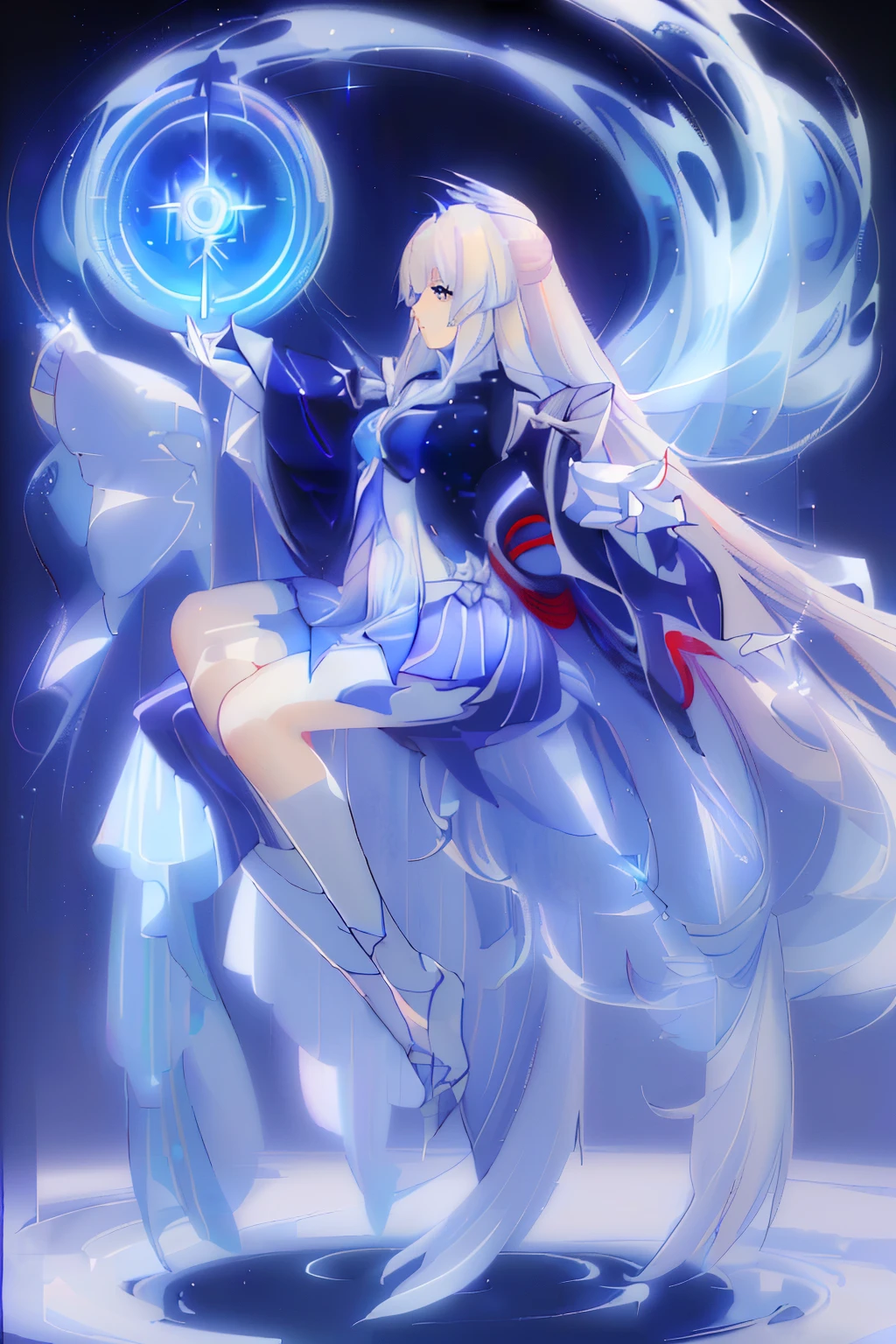 Anime girl with long white hair and blue skirt in the snow, White-haired God, White hair floating in the air, Anime Fantasy Illustration, Flowing white hair, beautiful youth spirit, Beautiful fantasy anime, Glowing and flowing hair, Ethereal animation, Beautiful anime artwork, Beautiful digital artwork, anime fantasy artwork, ((beautiful fantasy queen)), 2. 5 d cgi anime fantasy artwork