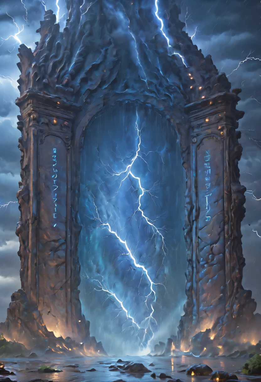 Night of heavy rain,Lightning and lightning,A few weathered stone pillars stand alone in the flood,Spliced into door shape,The mottled alien text flashes with a faint blue light,Heavy rain like waterfall,muddy river,The raging flood is about to submerge the ancient and mysterious portal