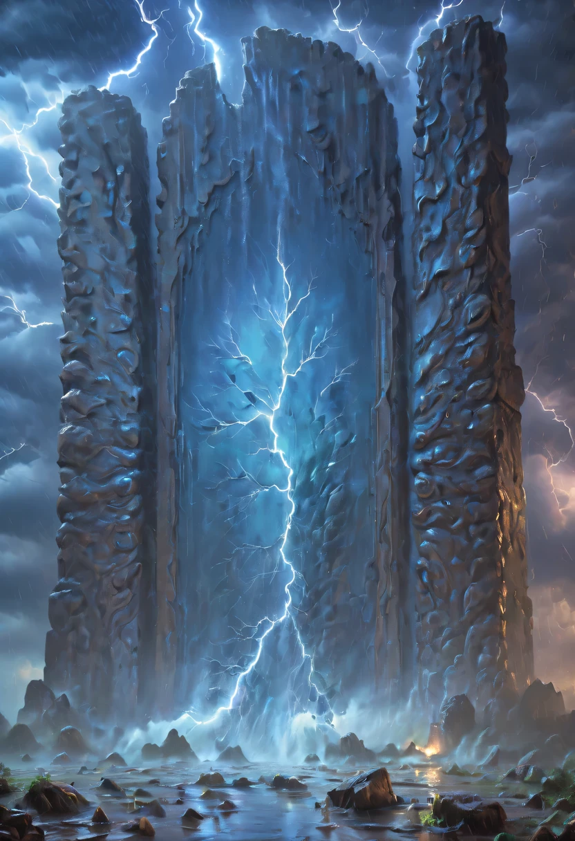 Night of heavy rain,Lightning and lightning,A few weathered stone pillars stand alone in the flood,Spliced into door shape,The mottled alien text flashes with a faint blue light,Heavy rain like waterfall,muddy river,The raging flood is about to submerge the ancient and mysterious portal