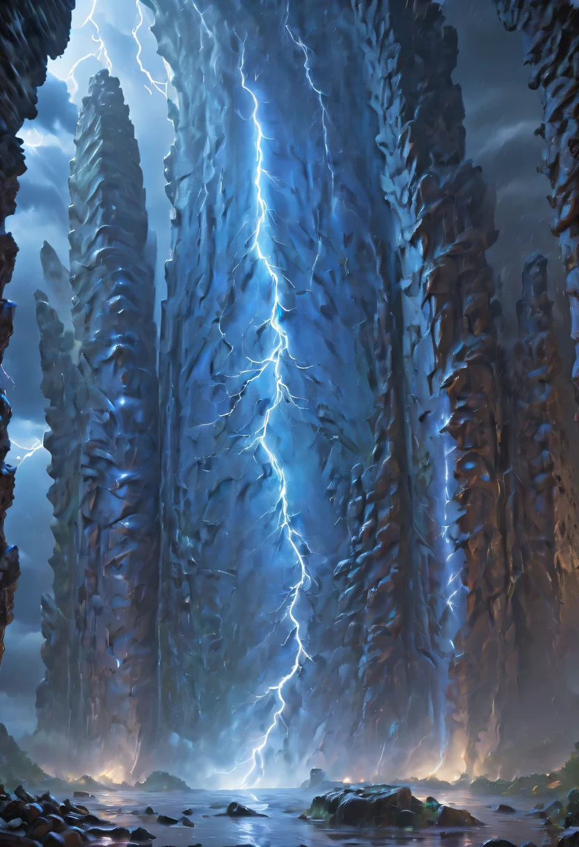 Night of heavy rain,Lightning and lightning,A few weathered stone pillars stand alone in the flood,Spliced into door shape,The mottled alien text flashes with a faint blue light,Heavy rain like waterfall,muddy river,The raging flood is about to submerge the ancient and mysterious portal