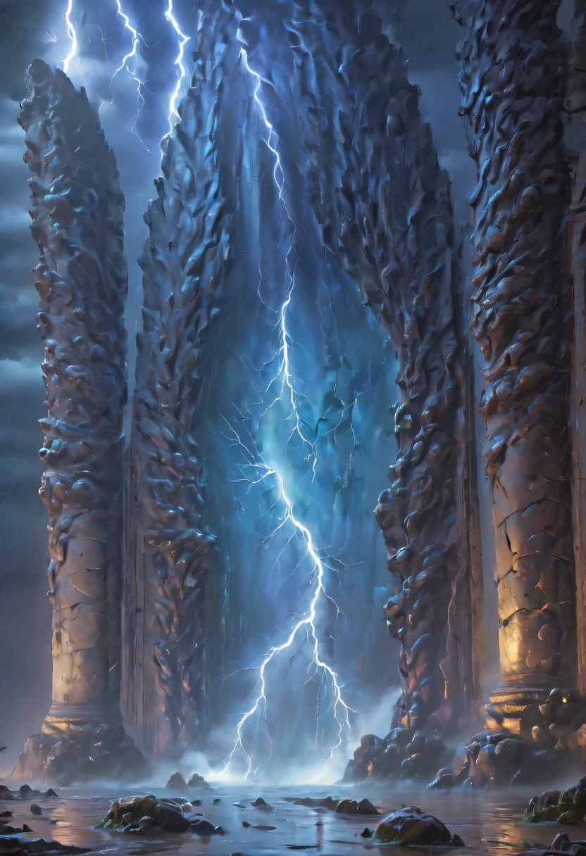 Night of heavy rain，Lightning and lightning，A few weathered stone pillars stand alone in the flood，Spliced into door shape，The mottled alien text flashes with a faint blue light，Heavy rain like waterfall，muddy river，The raging flood is about to submerge the ancient and mysterious portal