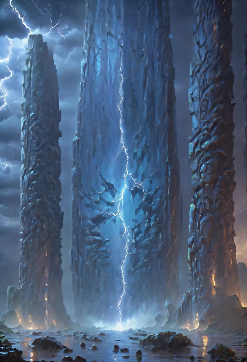 Night of heavy rain，Lightning and lightning，A few weathered stone pillars stand alone in the flood，Spliced into door shape，The mottled alien text flashes with a faint blue light，Heavy rain like waterfall，muddy river，The raging flood is about to submerge the ancient and mysterious portal